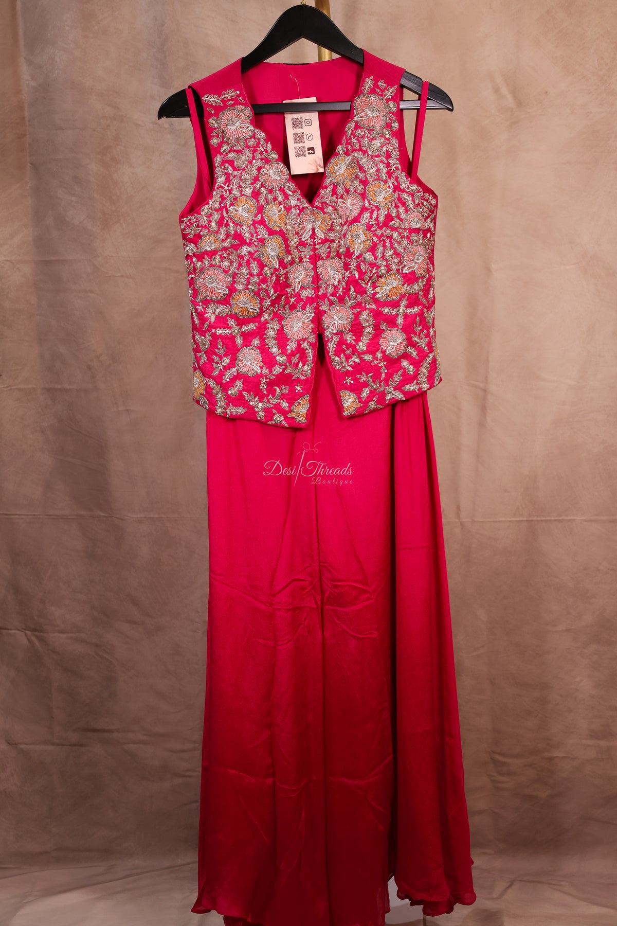 Raspberry Pink Embroidered Jacket Sharara Set