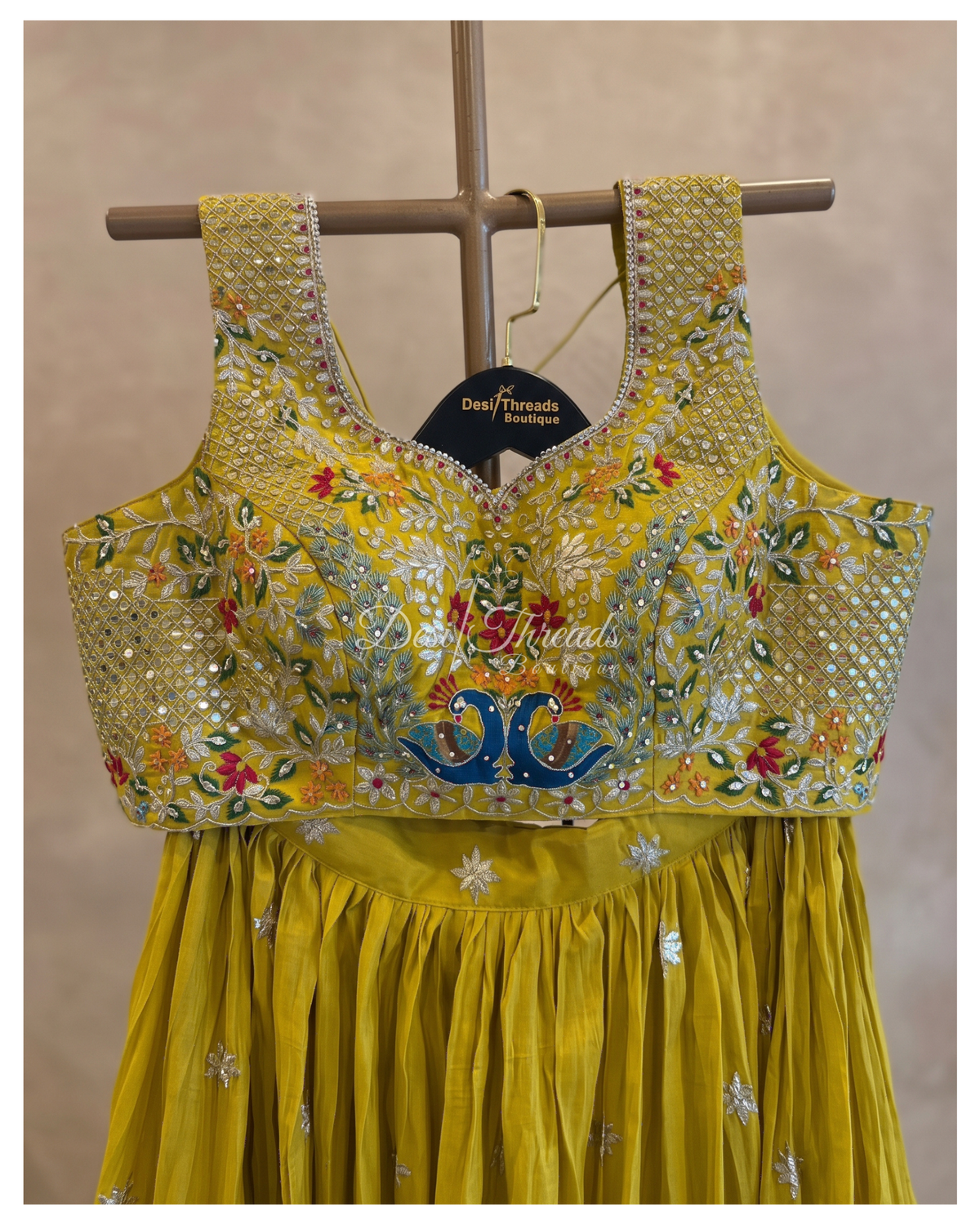 Sunshine Yellow Peacock Embroidered Lehenga with Mirror Work & Turquoise-Border Dupatta