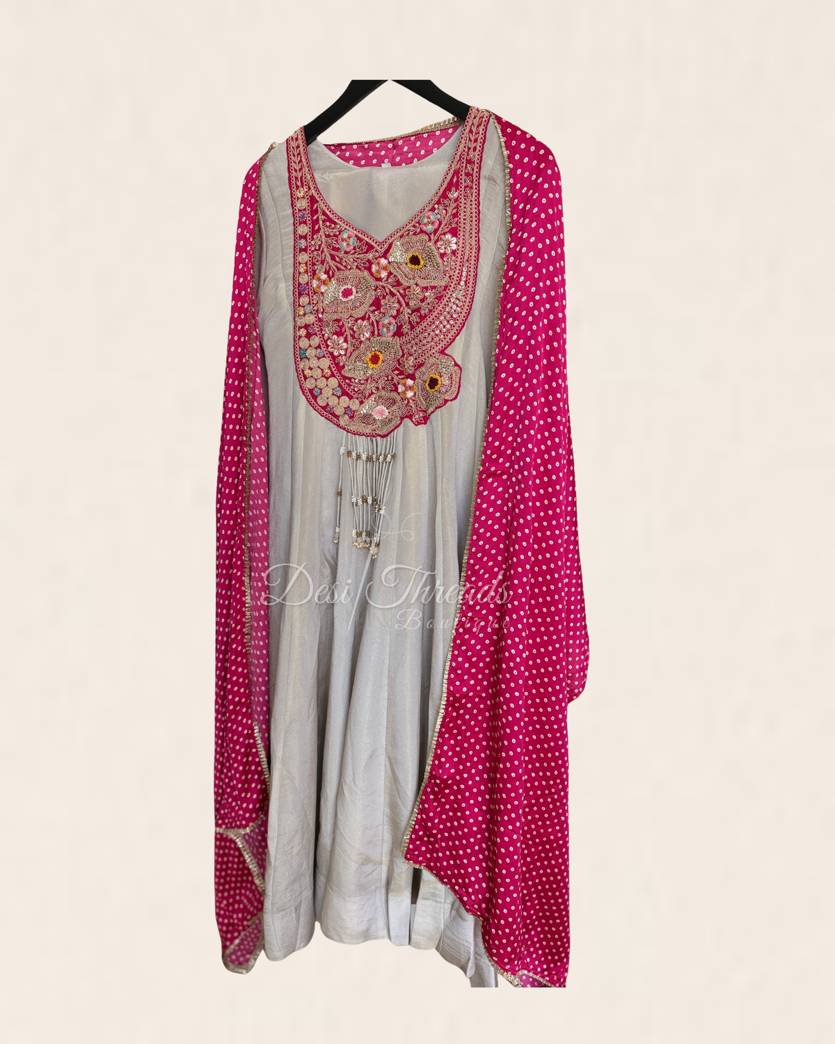 Fawn Grey Embroidered Anarkali Suit Set with Rani Pink Bandhani Dupatta