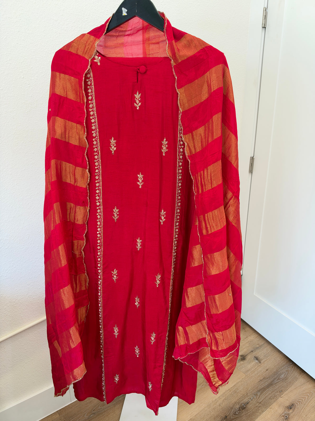 Red Embroidered Straight Suit with Zari Striped Dupatta