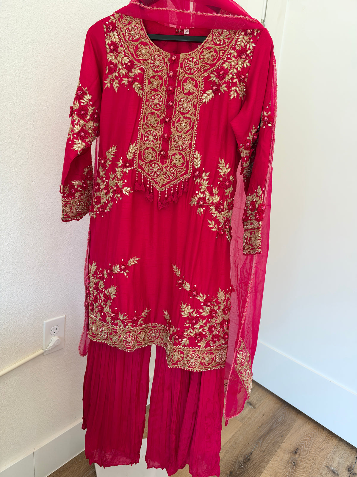 Rani Pink Embroidered Sharara Suit with 3D Floral Work
