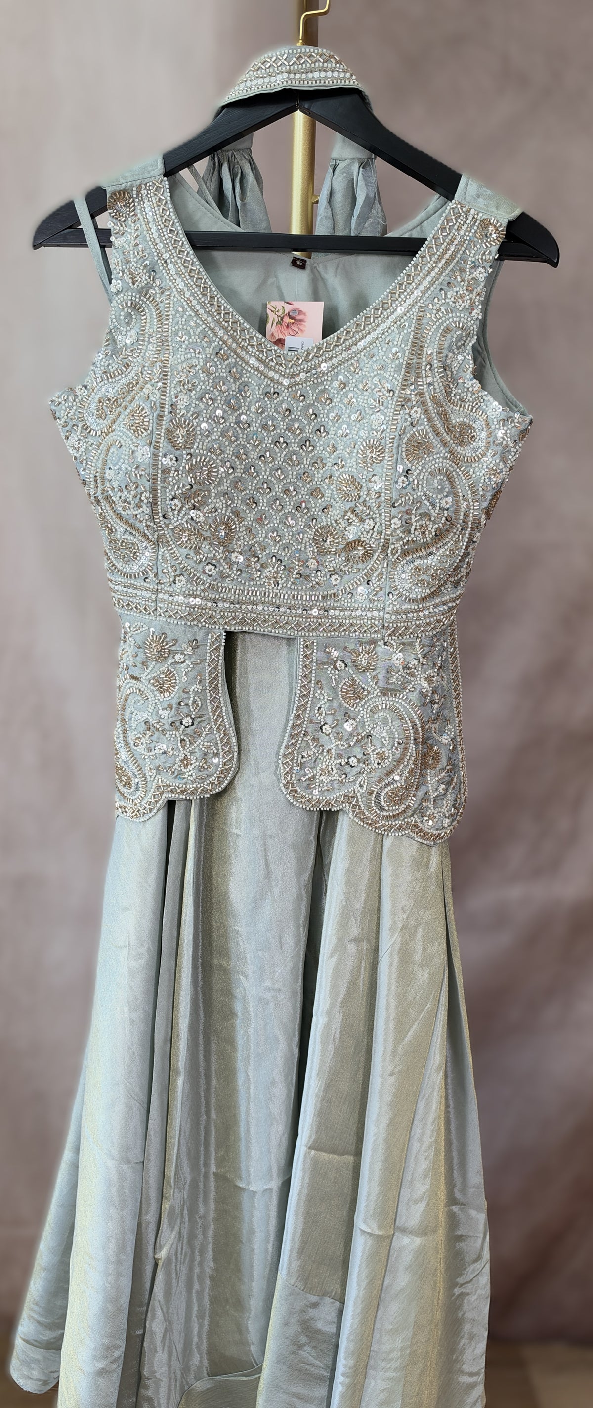 Sage Green Embellished Peplum Palazzo Set with Dupatta