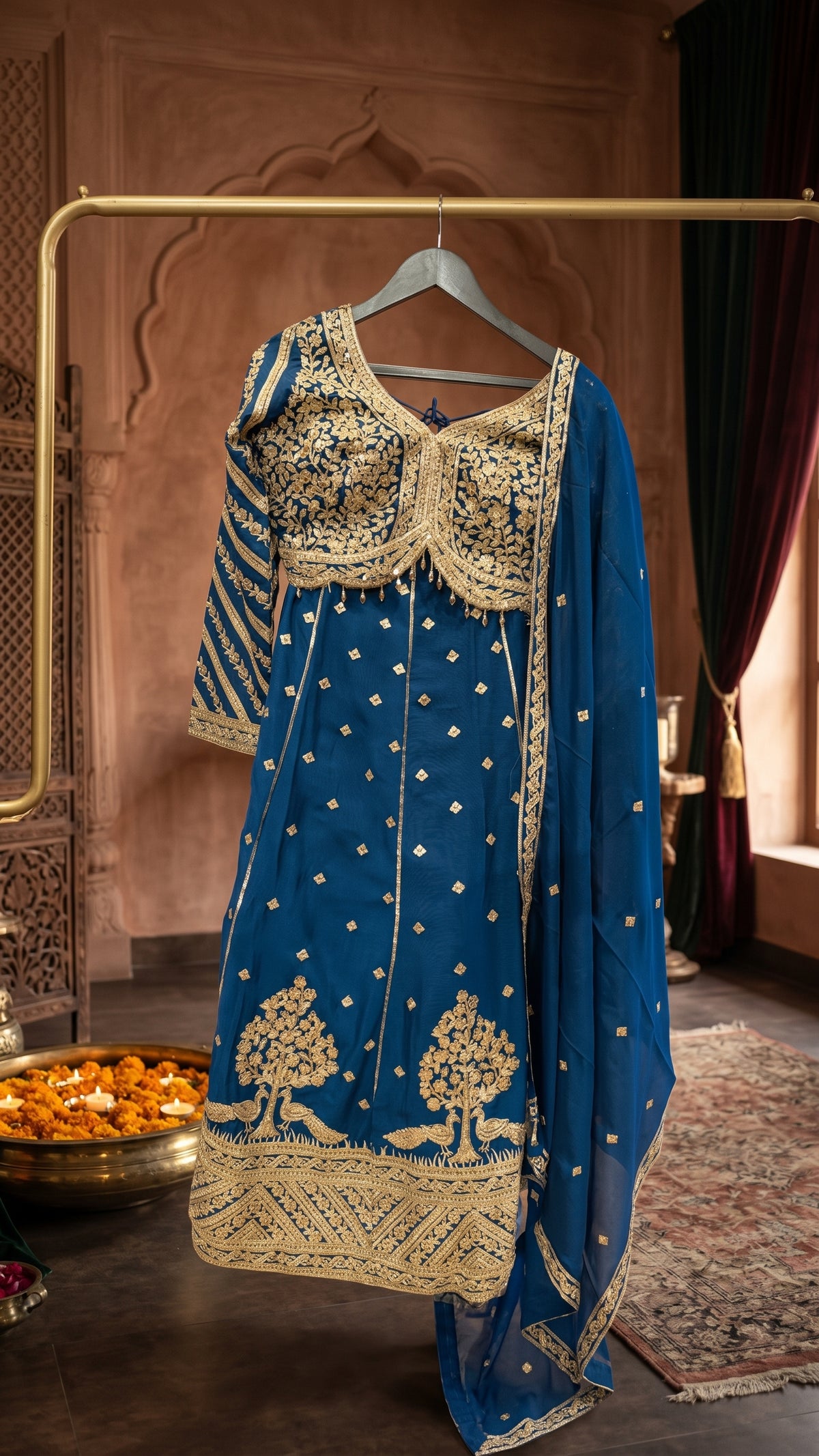 Peacock Blue Embroidered Lehenga with Tree of Life and Peacock Motifs
