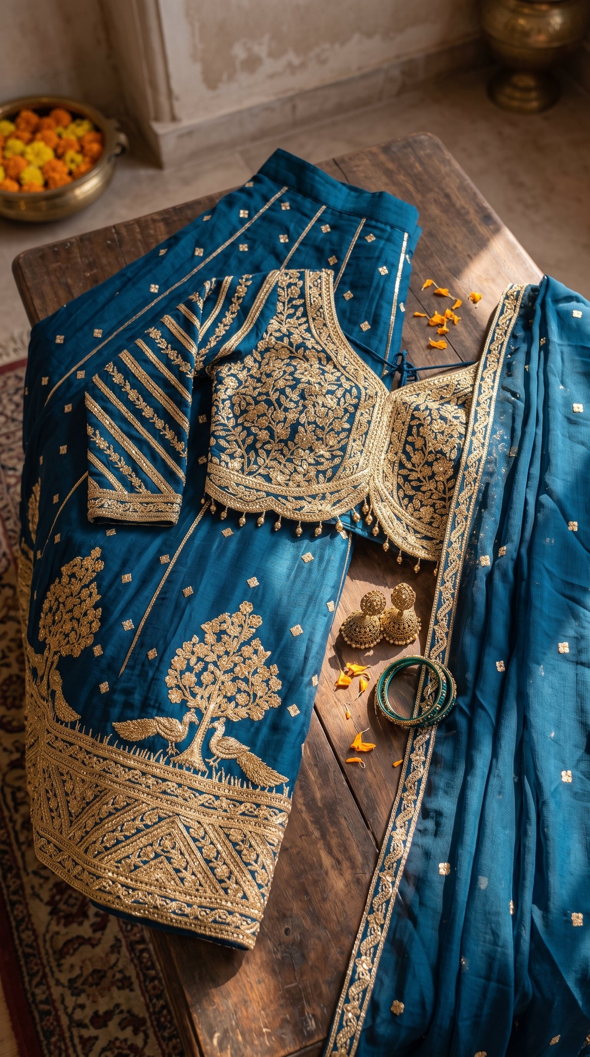 Peacock Blue Embroidered Lehenga with Tree of Life and Peacock Motifs