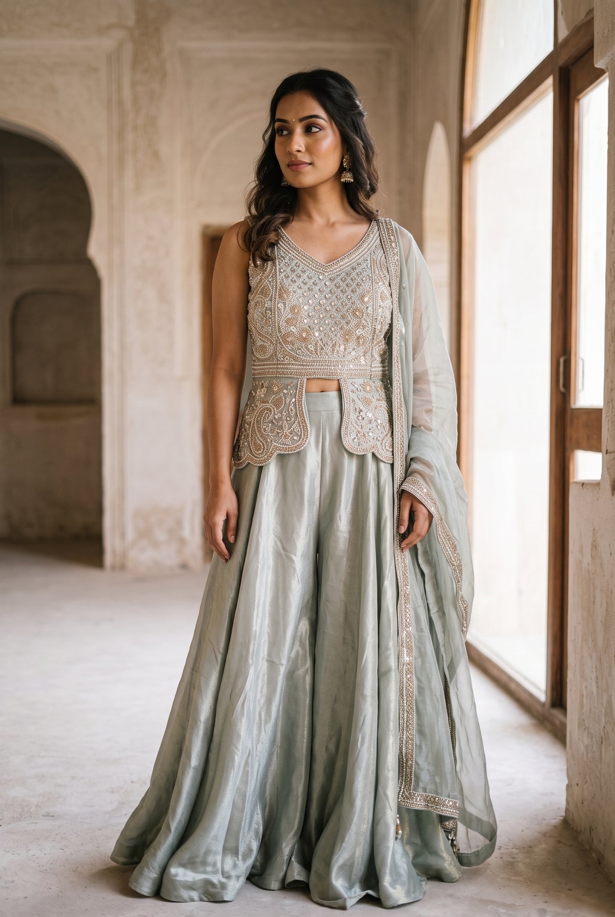 Sage Green Embellished Peplum Palazzo Set with Dupatta