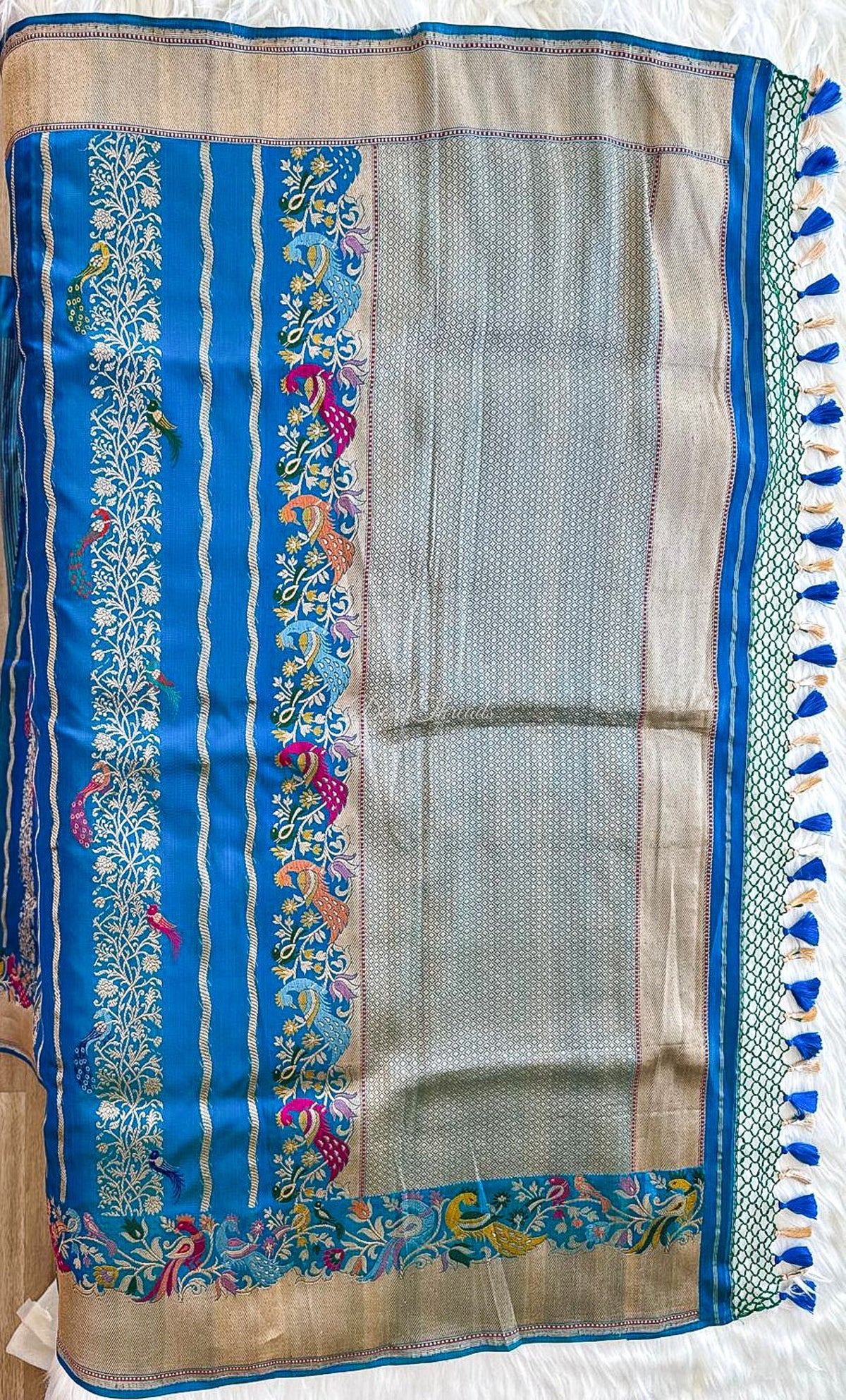 Royal Blue Pure Ektara Banarsi Saree with Zari Vines and Meenakari Peacocks