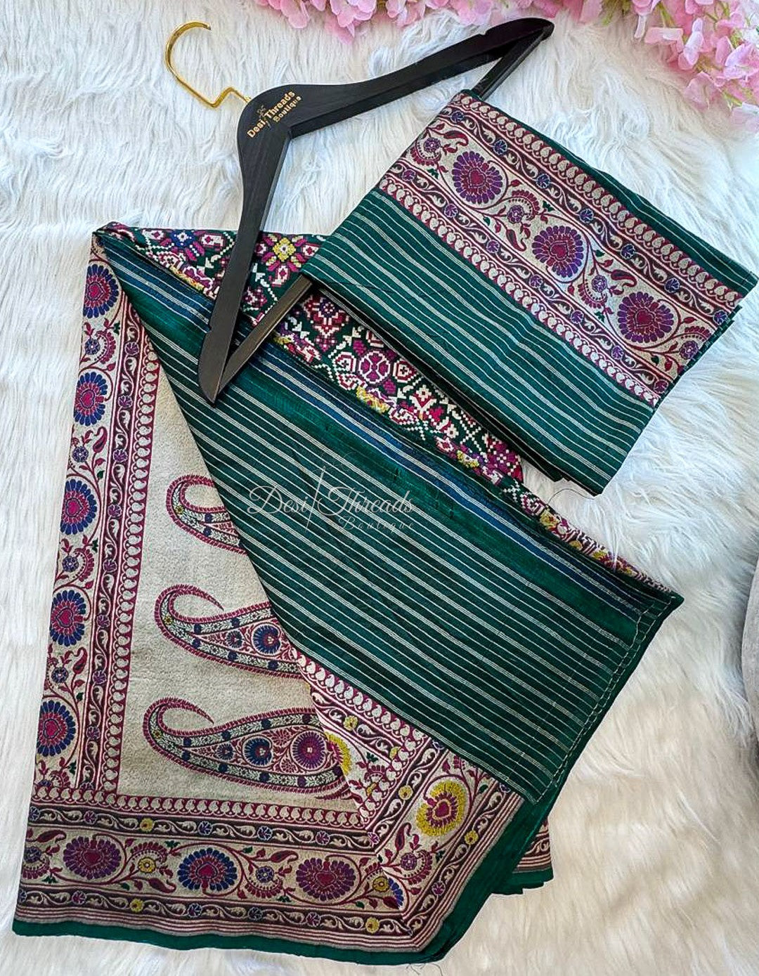 Bottle Green Pure Banarsi Patola Saree with Antique Zari Paisley Pallu