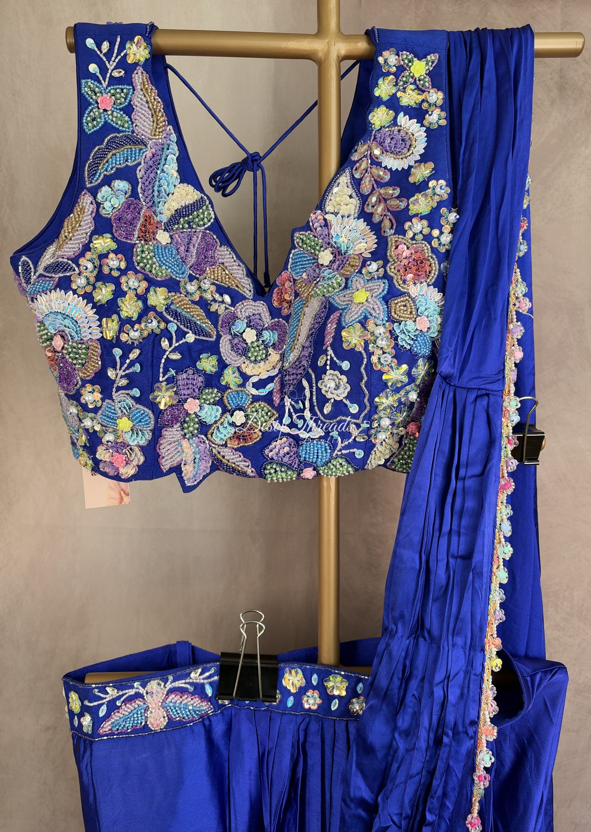 Royal Blue Pre-Draped Saree with Pastel Embellished Blouse