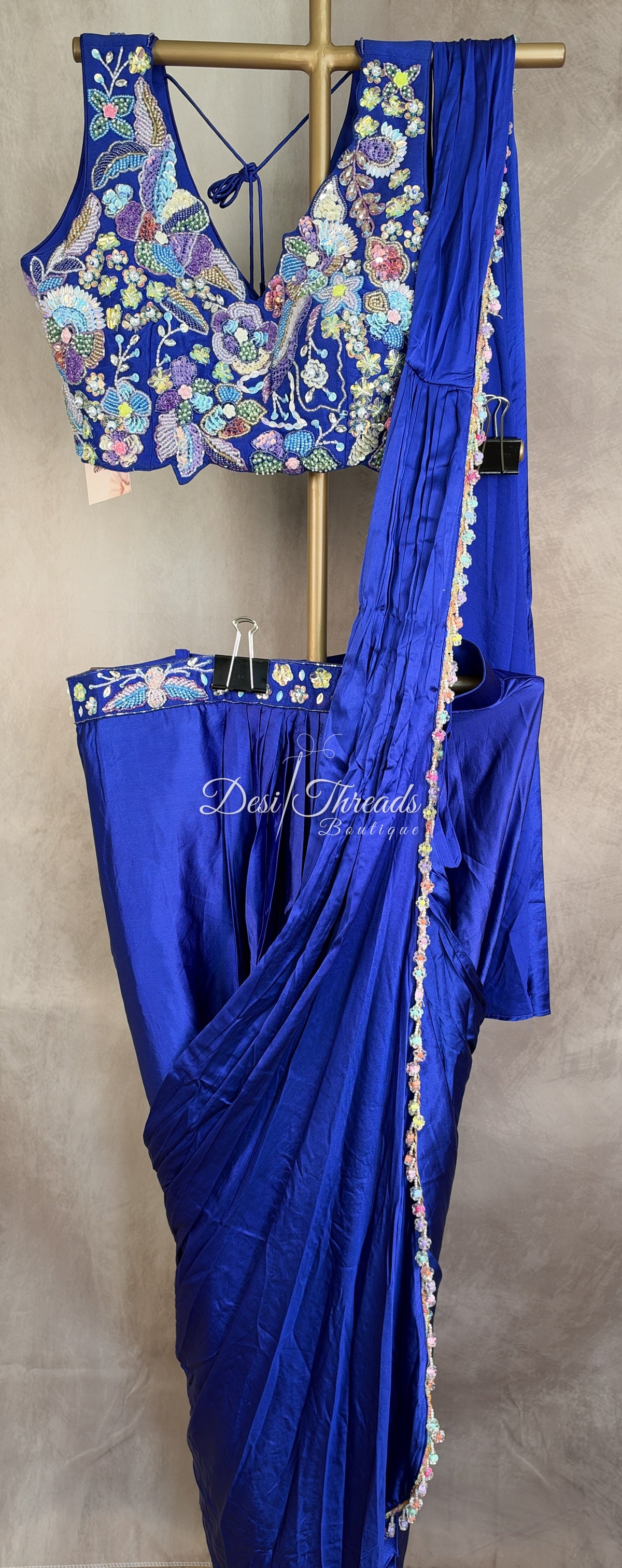 Royal Blue Pre-Draped Saree with Pastel Embellished Blouse