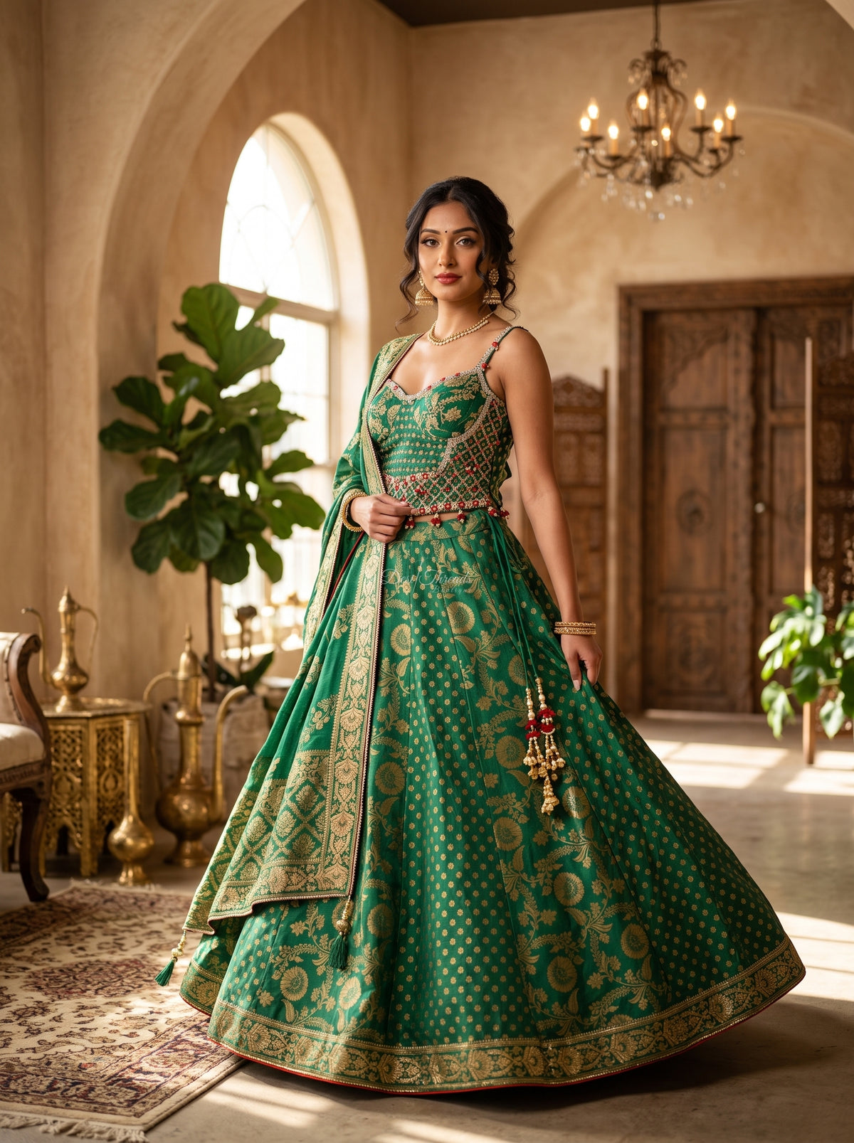 Emerald Green Banarasi Brocade Lehenga with Embellished Blouse