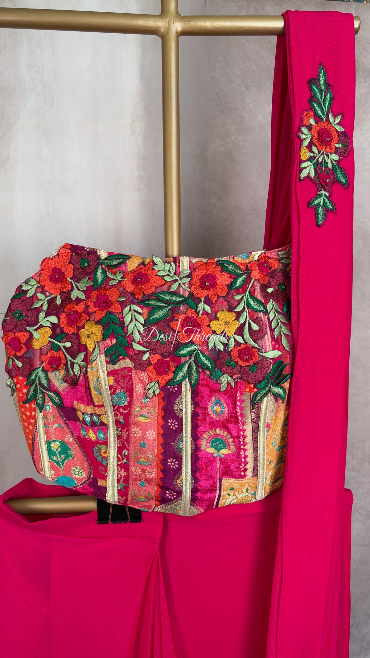 Rani Pink Pre-Draped Saree with Embroidered Patchwork Bustier