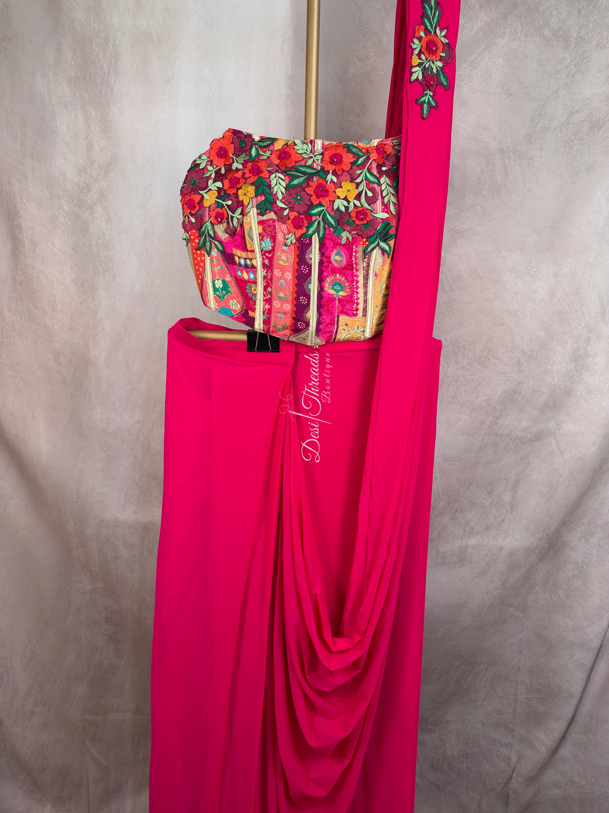 Rani Pink Pre-Draped Saree with Embroidered Patchwork Bustier