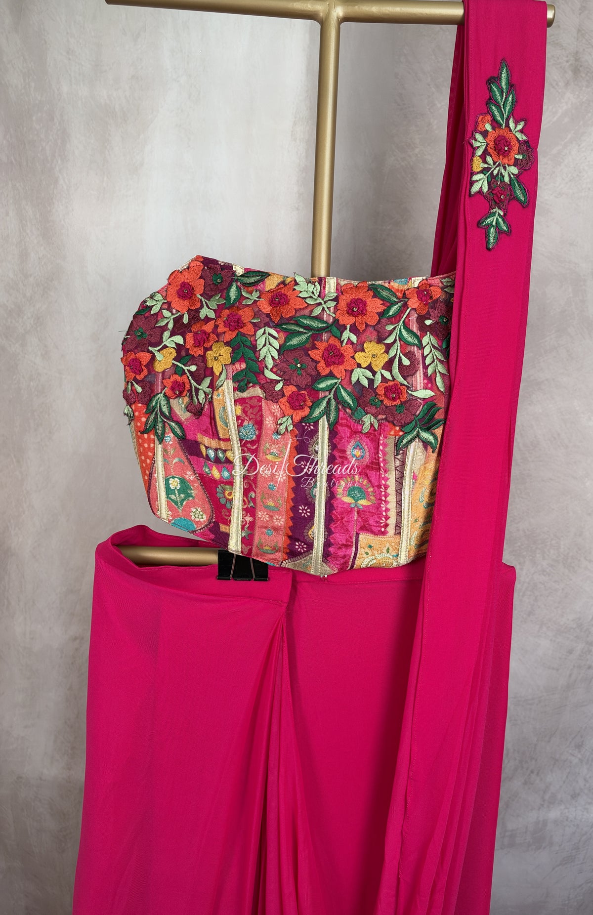 Rani Pink Pre-Draped Saree with Embroidered Patchwork Bustier