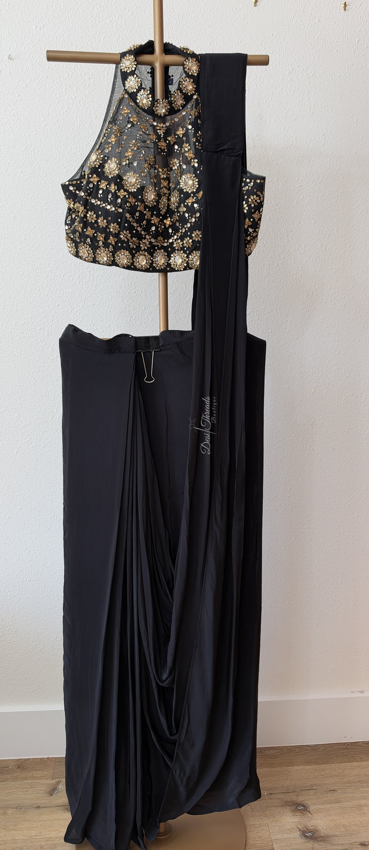 Black Pre-Draped Saree with Embellished Halter Neck Blouse