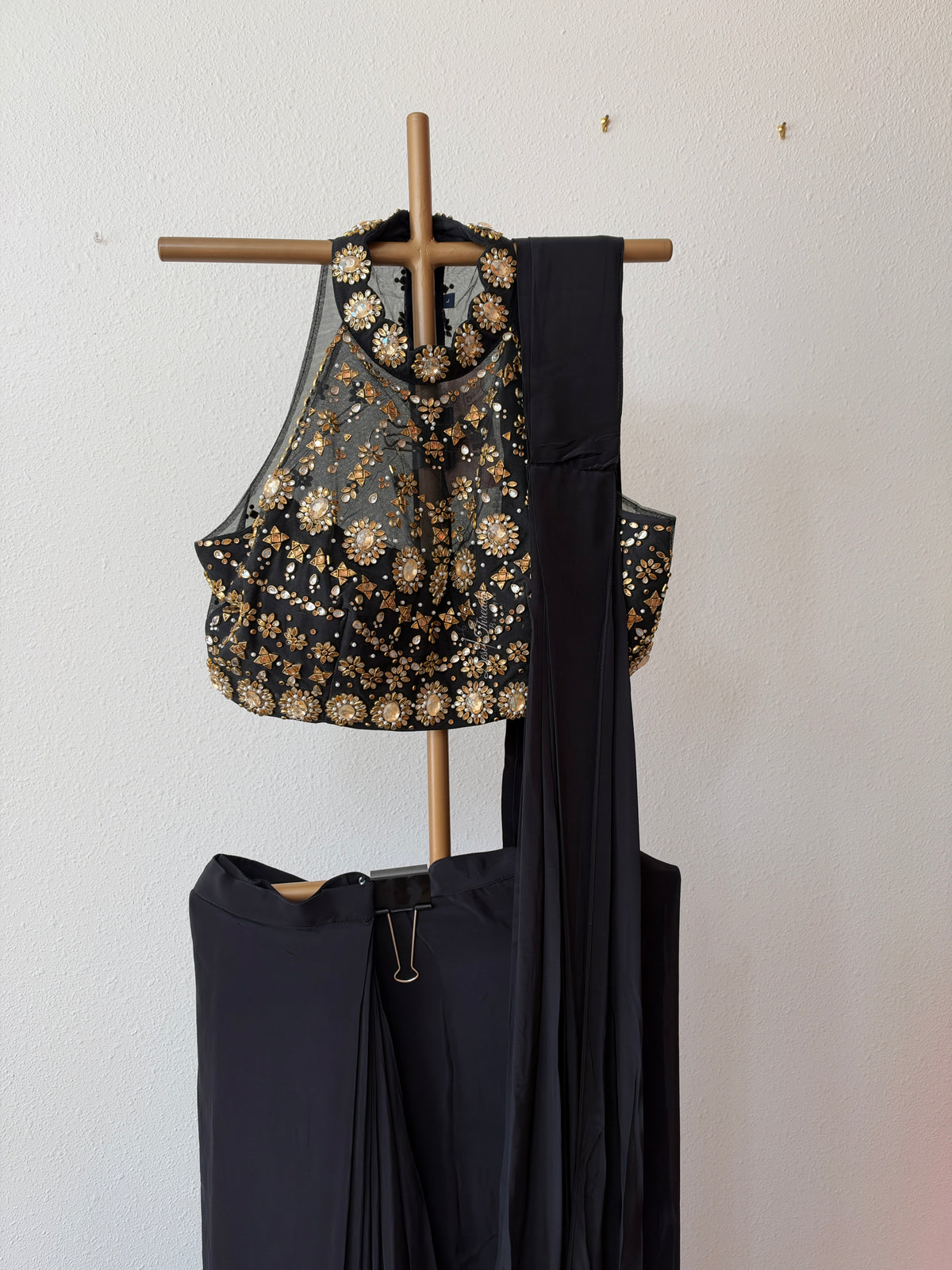 Black Pre-Draped Saree with Embellished Halter Neck Blouse
