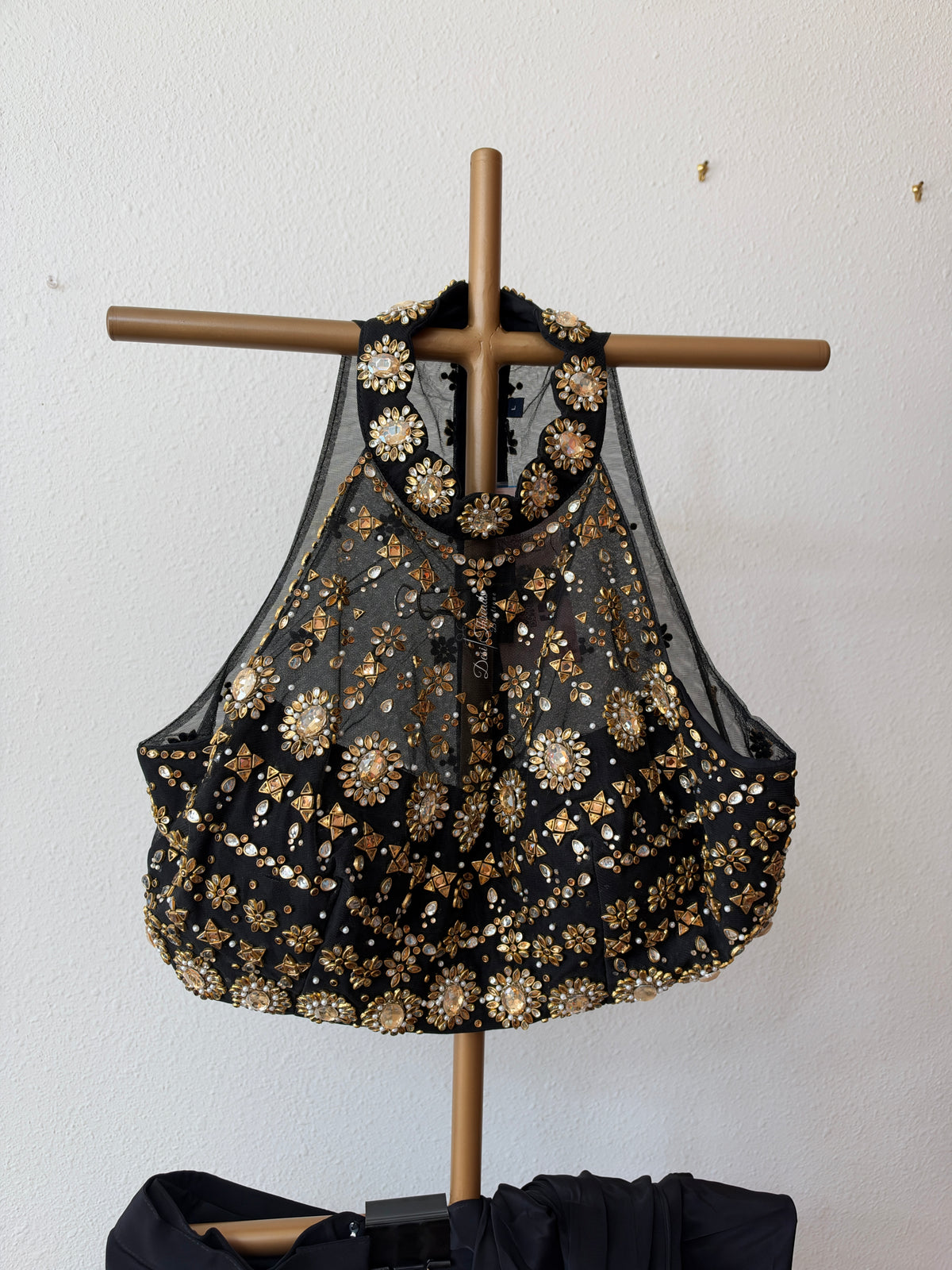 Black Pre-Draped Saree with Embellished Halter Neck Blouse