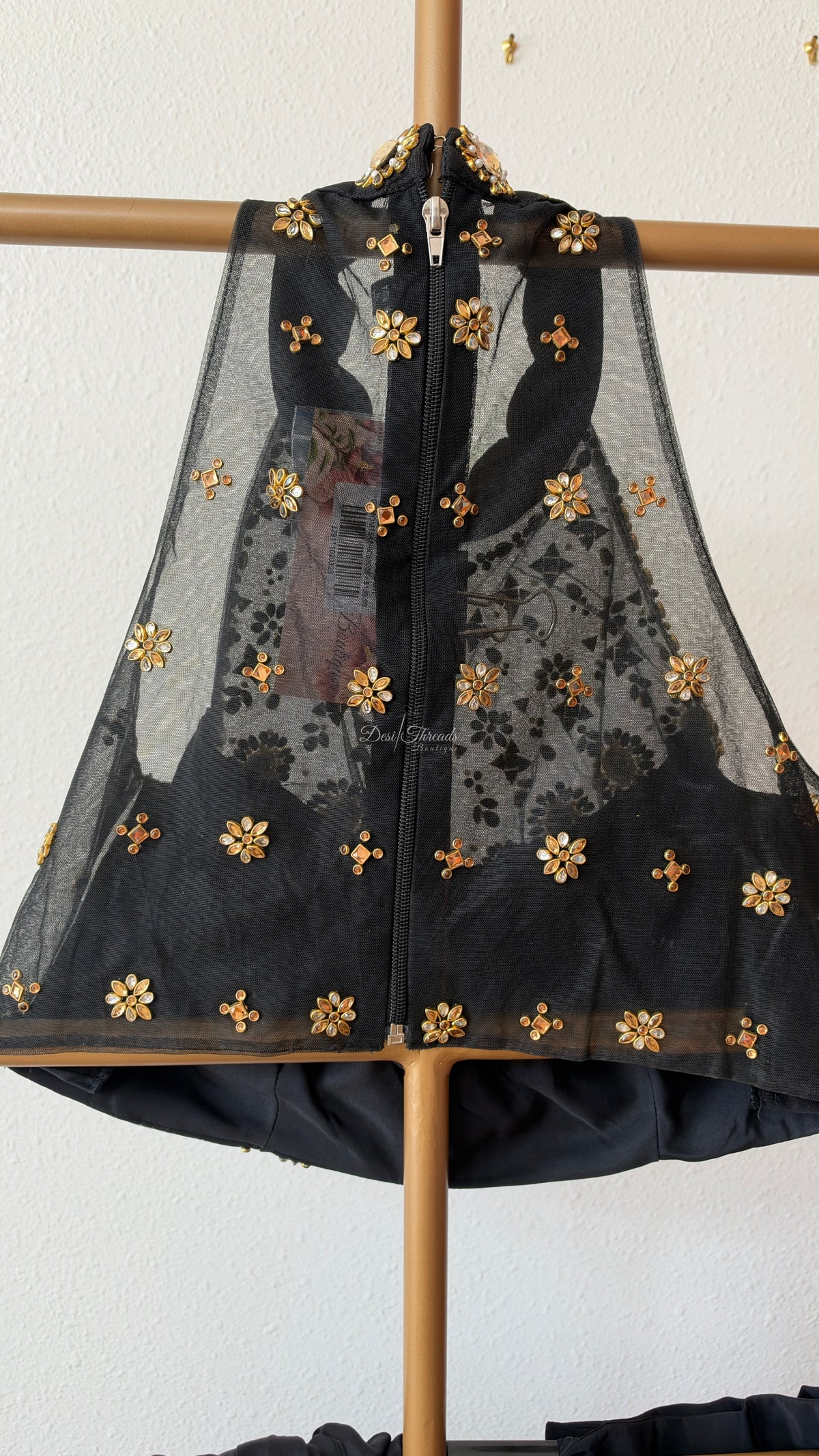 Black Pre-Draped Saree with Embellished Halter Neck Blouse