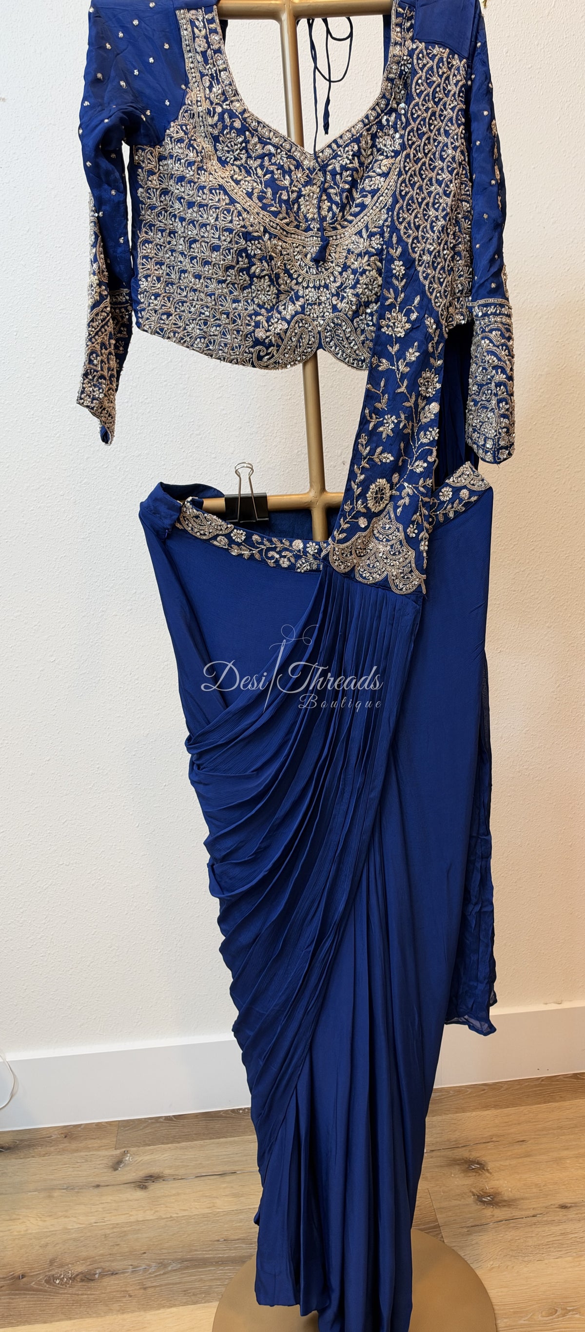 Sapphire Blue Pre-Draped Saree with Zardosi Embroidered Blouse