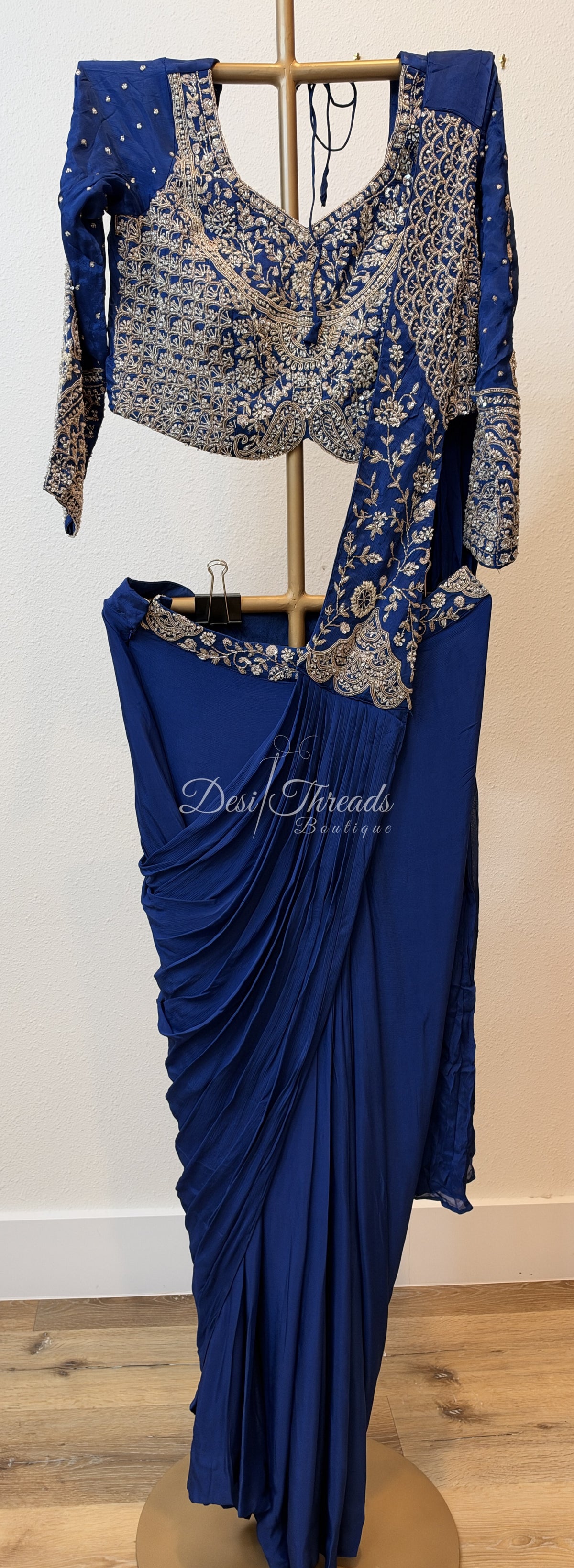 Sapphire Blue Pre-Draped Saree with Zardosi Embroidered Blouse