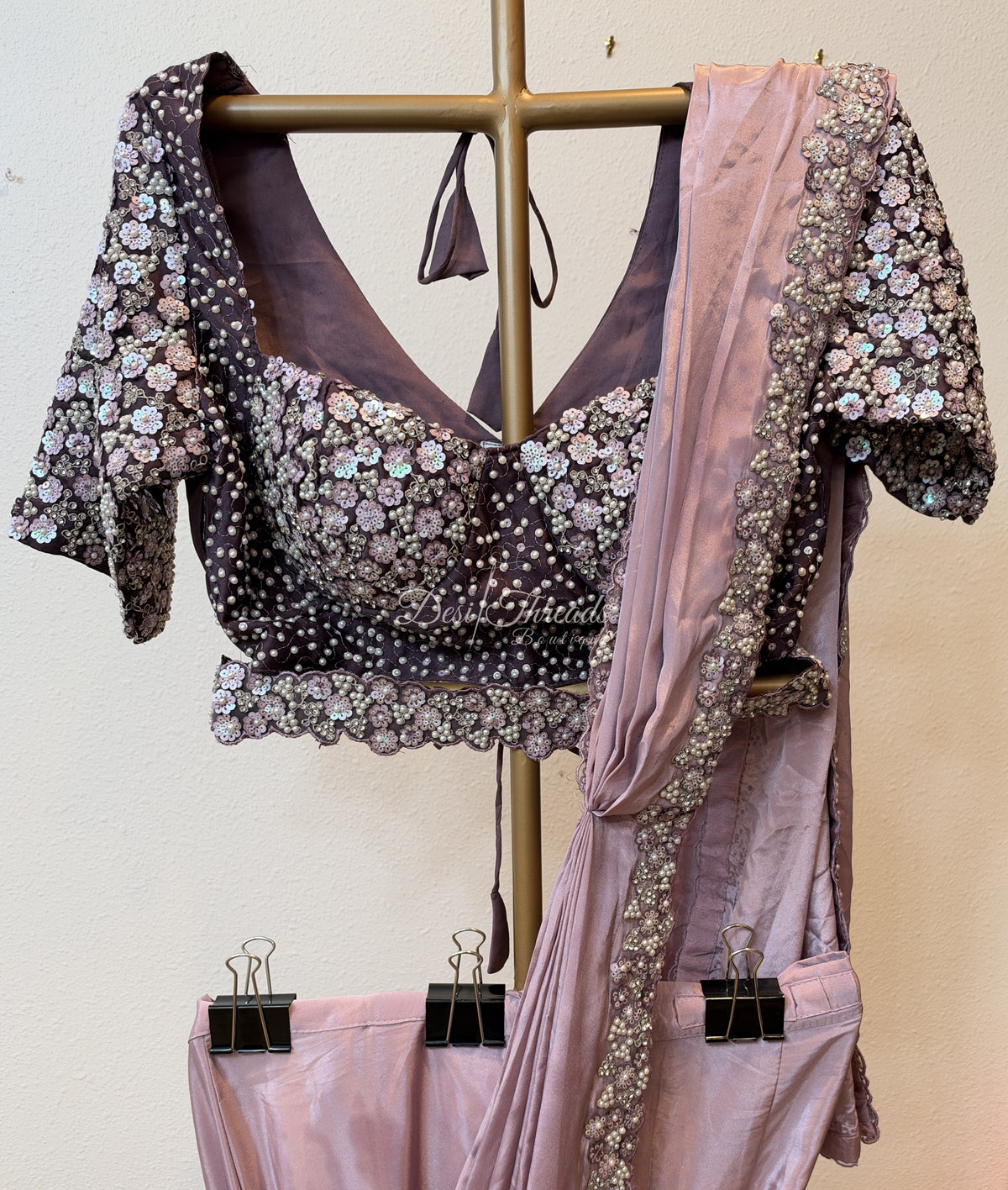 Mauve Pre-Draped Saree with Pearl and Sequin Embellished Blouse