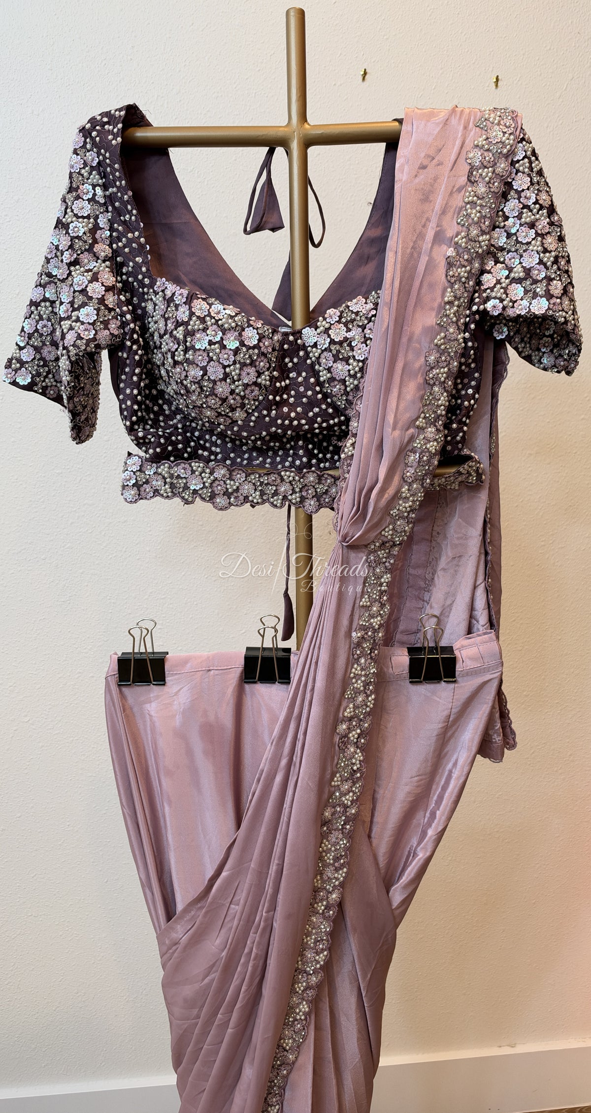 Mauve Pre-Draped Saree with Pearl and Sequin Embellished Blouse