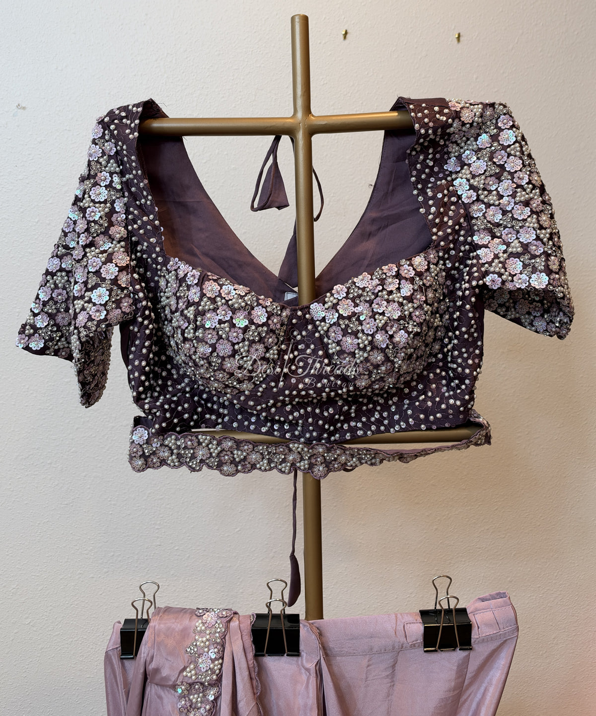 Mauve Pre-Draped Saree with Pearl and Sequin Embellished Blouse