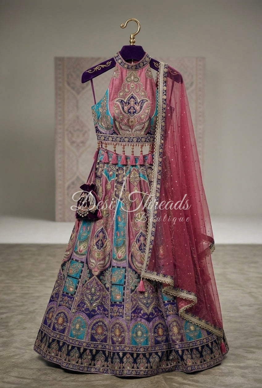 Rose Pink and Turquoise Embroidered Lehenga with Net Dupatta