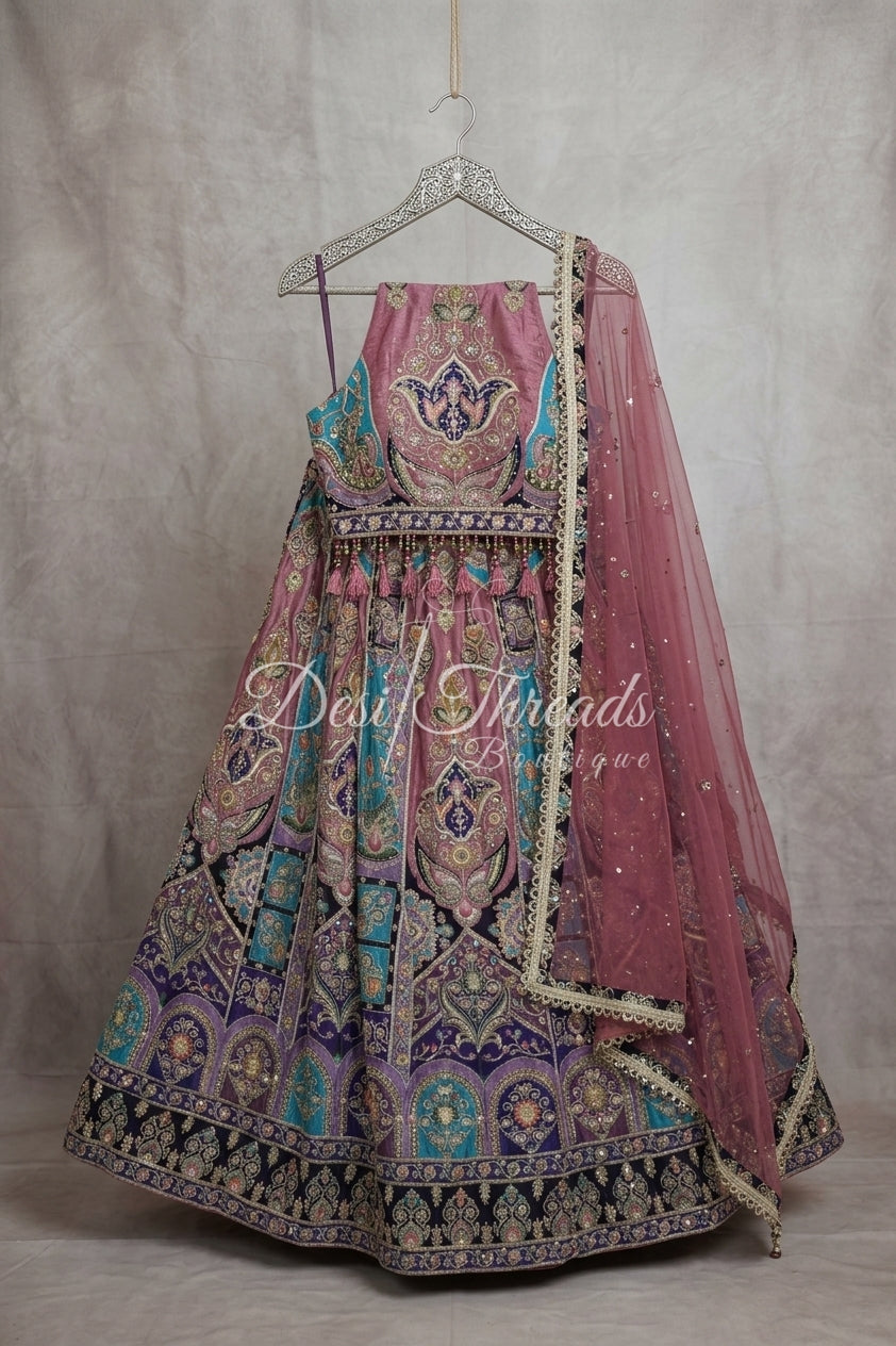 Rose Pink and Turquoise Embroidered Lehenga with Net Dupatta