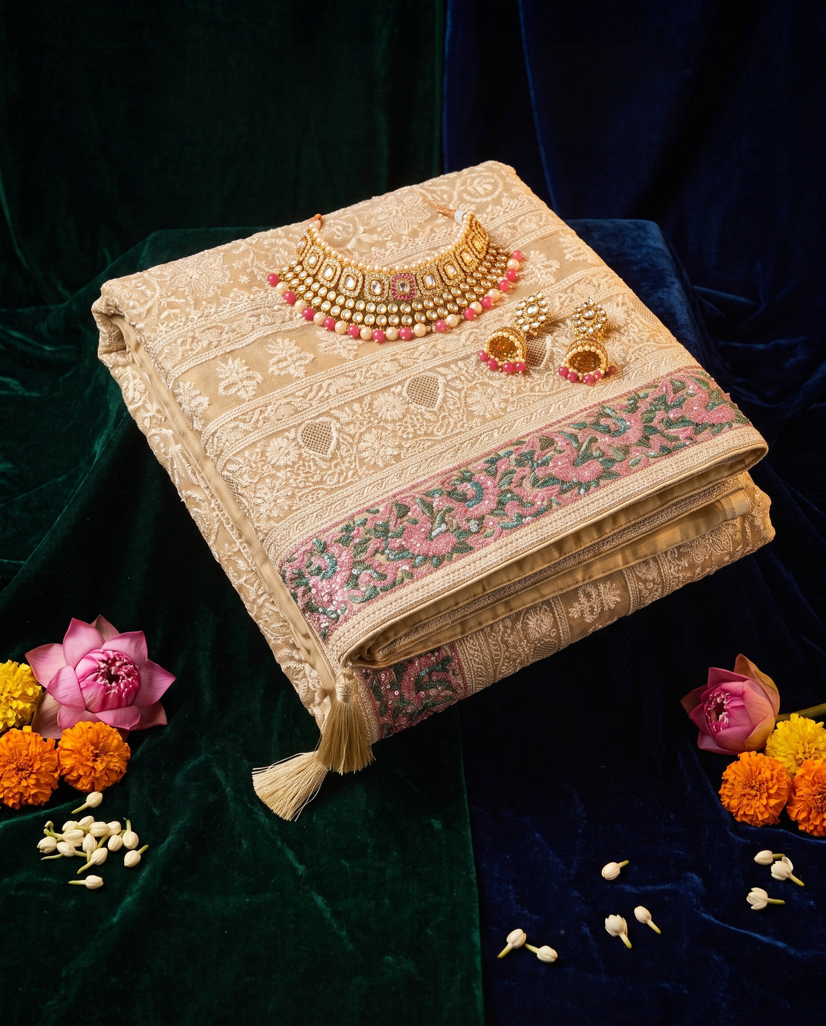 Regal Chikankari Georgette Saree with Ornate Pastel Floral Border & Handcrafted Tassels