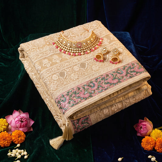 Regal Chikankari Georgette Saree with Ornate Pastel Floral Border & Handcrafted Tassels