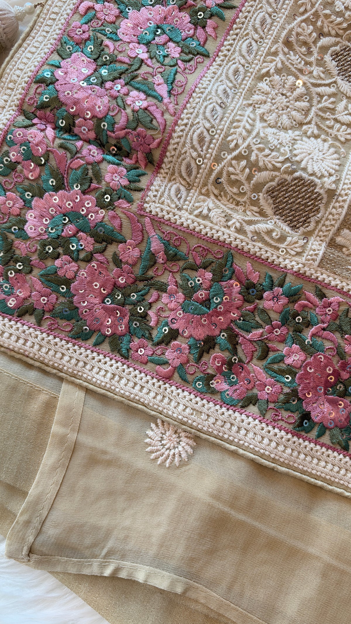 Regal Chikankari Georgette Saree with Ornate Pastel Floral Border & Handcrafted Tassels