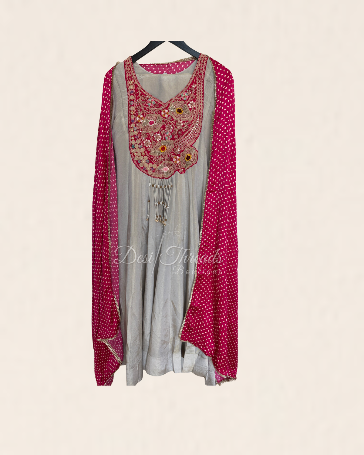 Fawn Grey Embroidered Anarkali Suit Set with Rani Pink Bandhani Dupatta