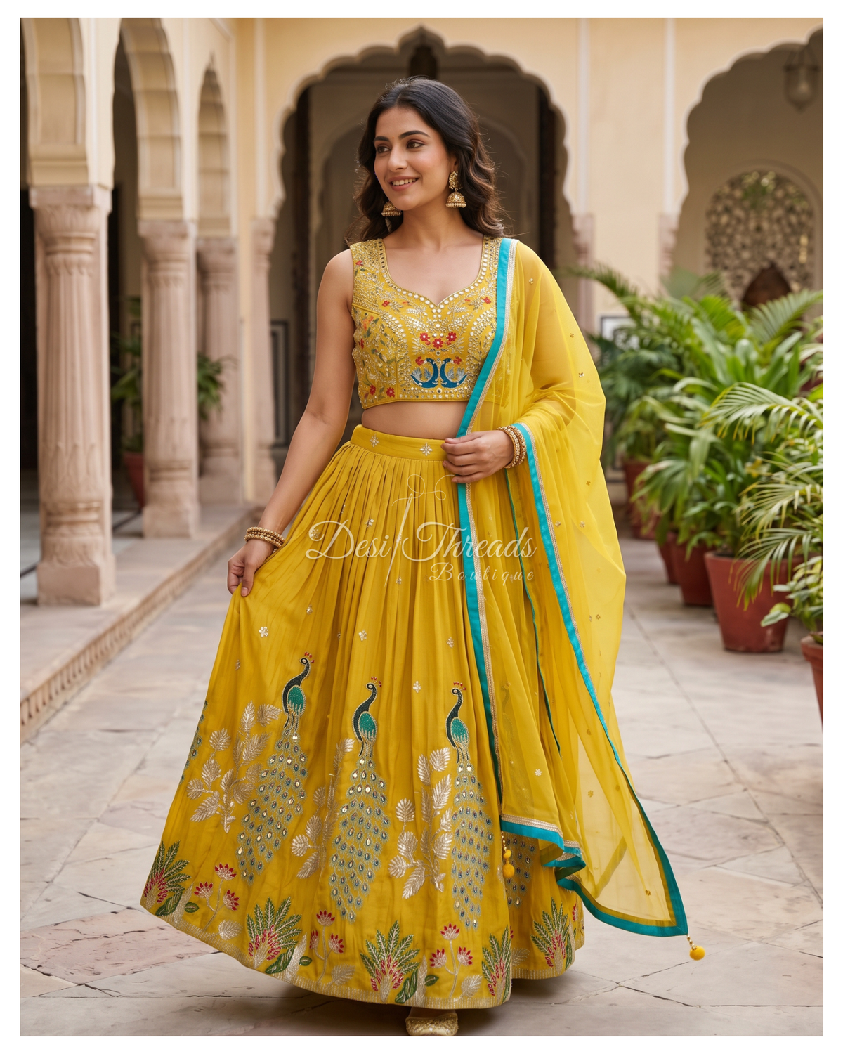 Sunshine Yellow Peacock Embroidered Lehenga with Mirror Work & Turquoise-Border Dupatta