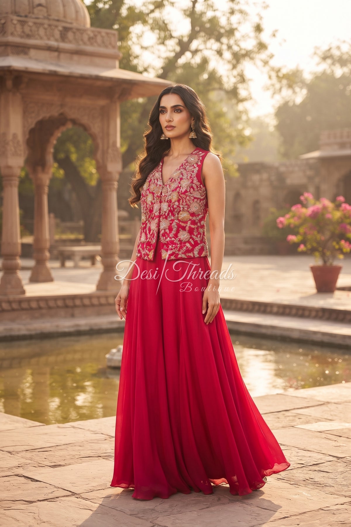 Raspberry Pink Embroidered Jacket Sharara Set