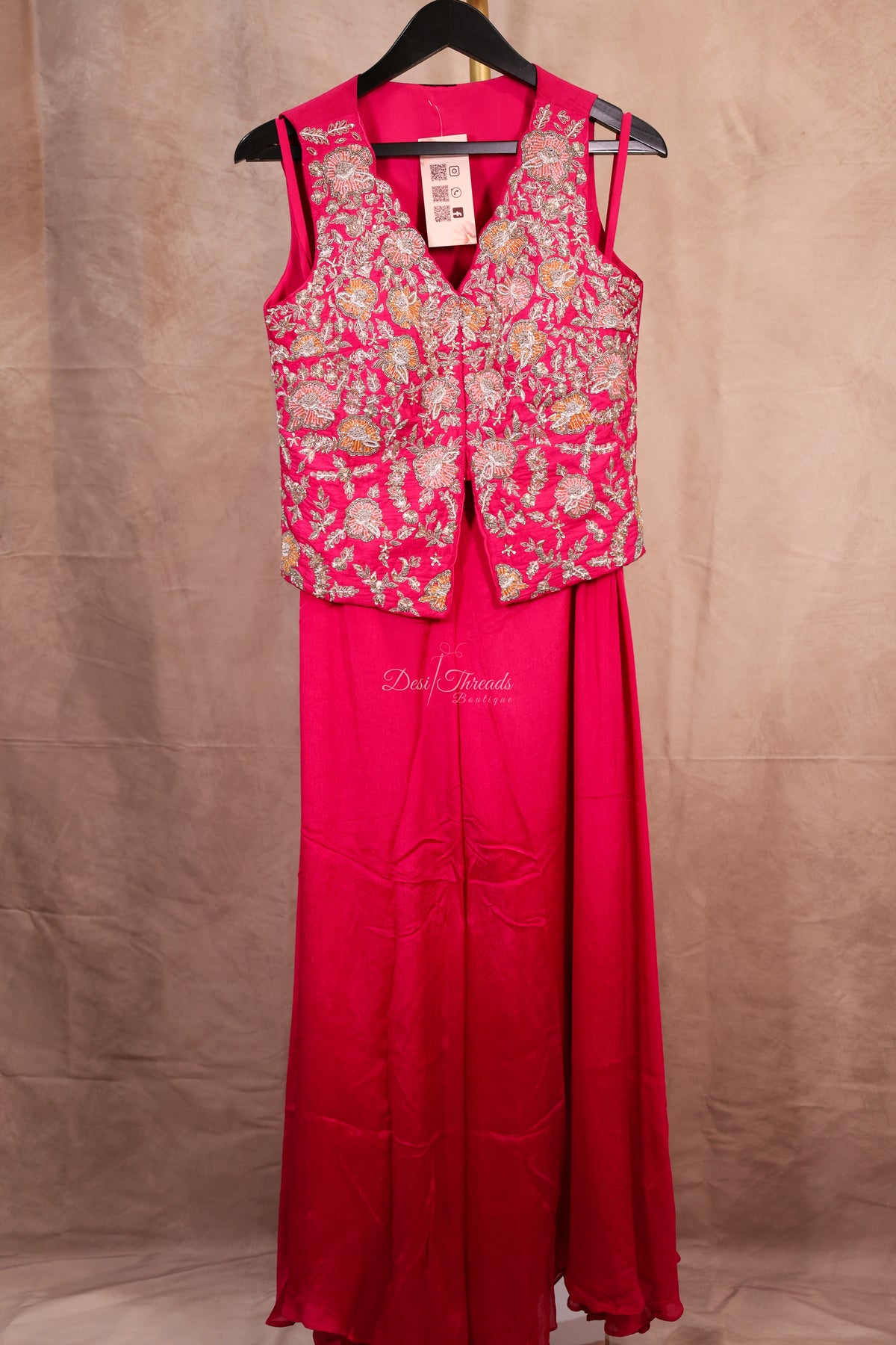 Raspberry Pink Embroidered Jacket Sharara Set