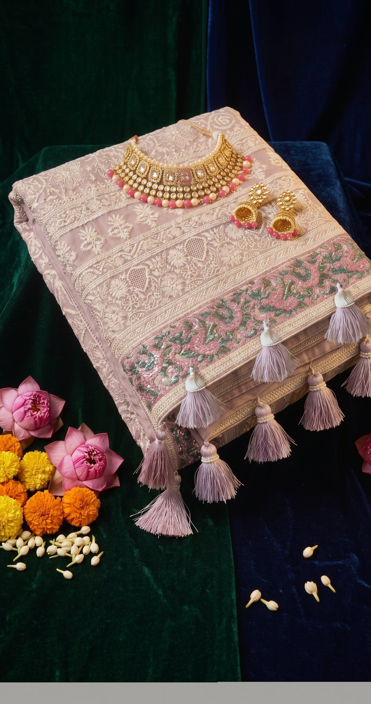 Regal Chikankari Georgette Saree with Ornate Pastel Floral Border & Handcrafted Tassels