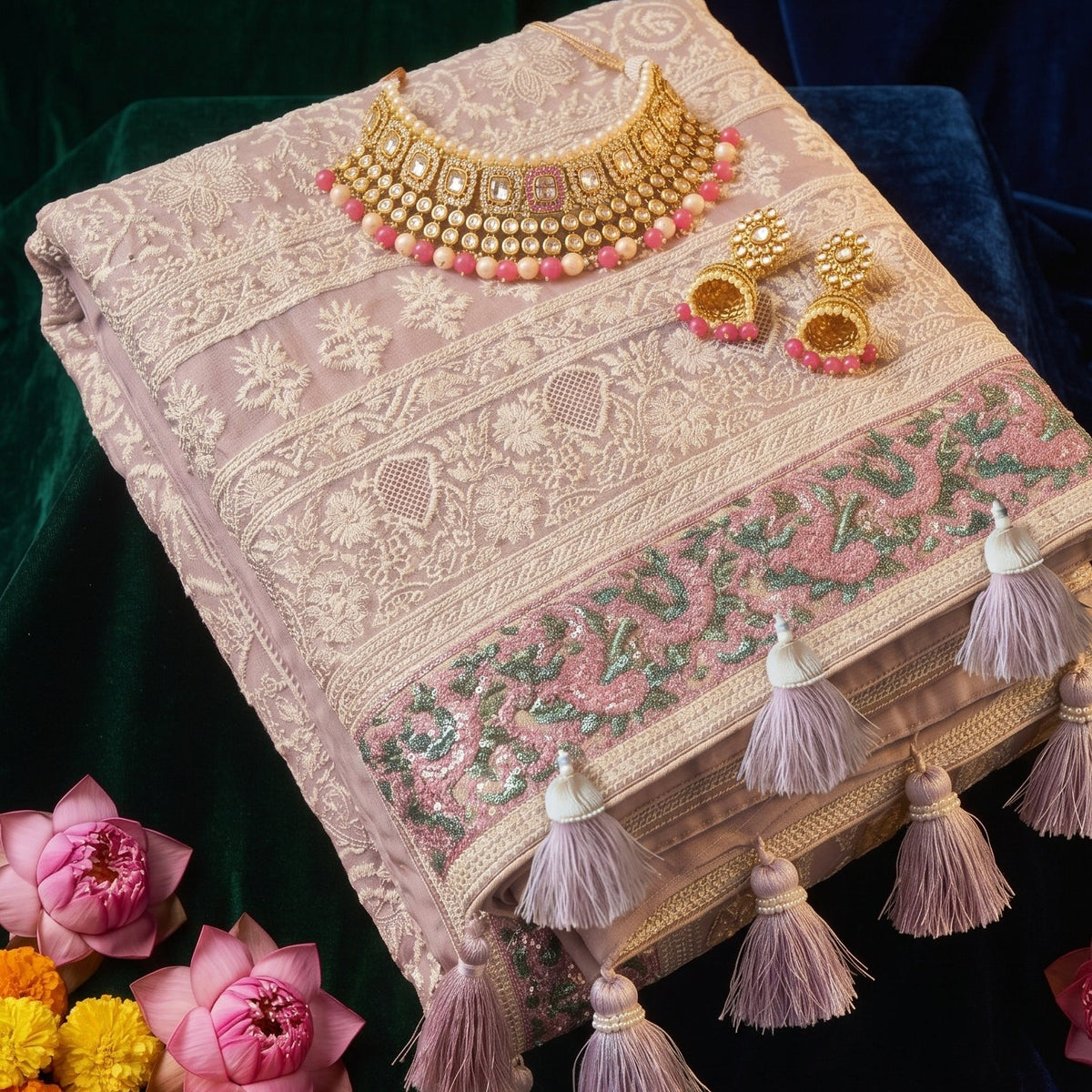Regal Chikankari Georgette Saree with Ornate Pastel Floral Border & Handcrafted Tassels