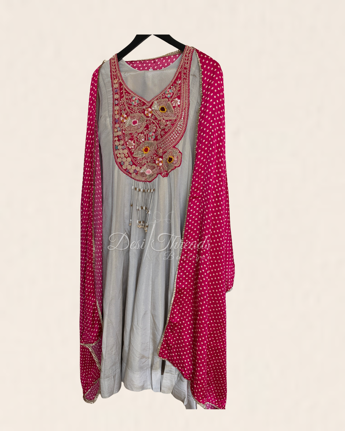 Fawn Grey Embroidered Anarkali Suit Set with Rani Pink Bandhani Dupatta
