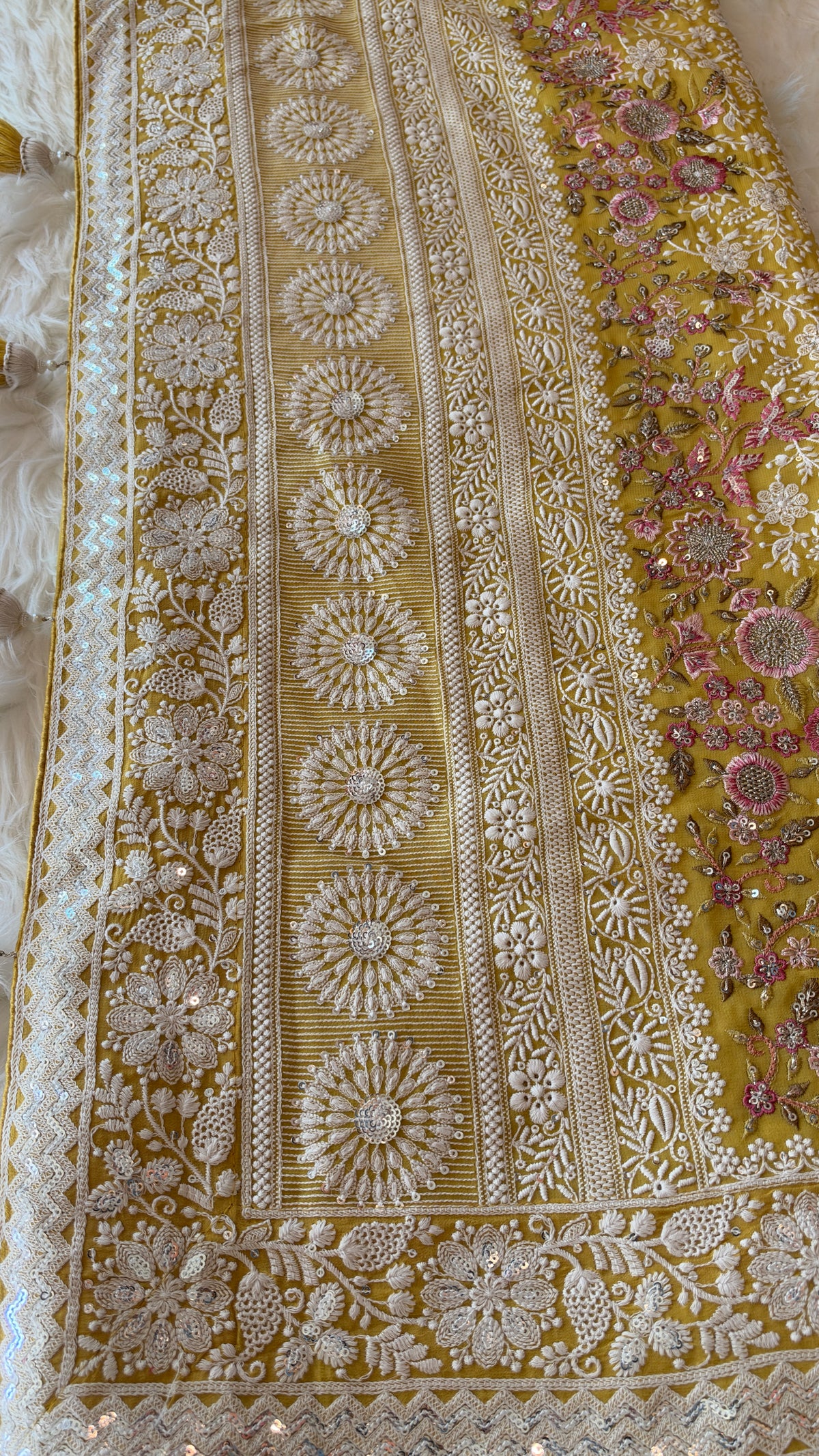 Handcrafted Chikankari Premium Georgette Saree with Multicolored Floral Embroidery & Pallu Tassels