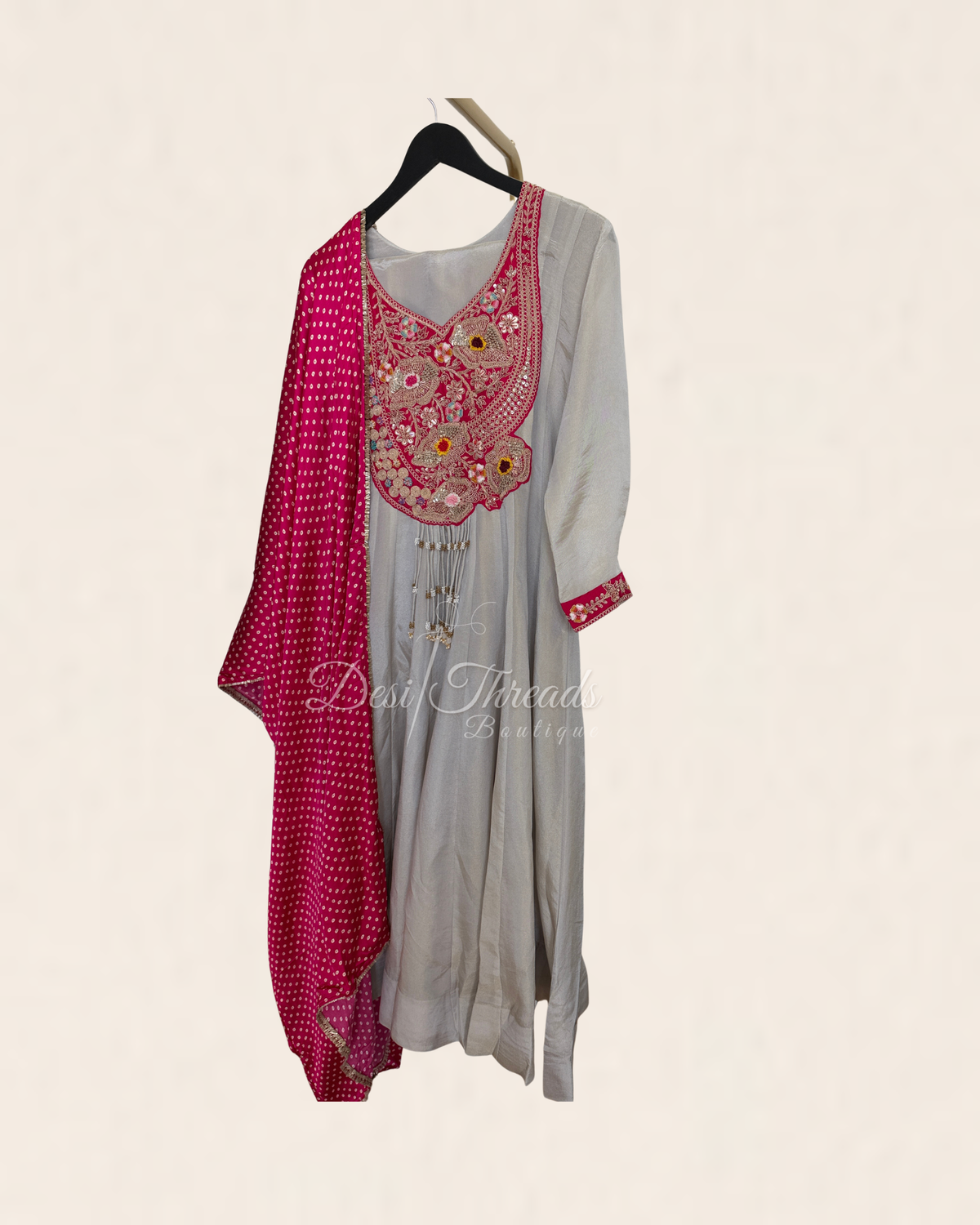 Fawn Grey Embroidered Anarkali Suit Set with Rani Pink Bandhani Dupatta