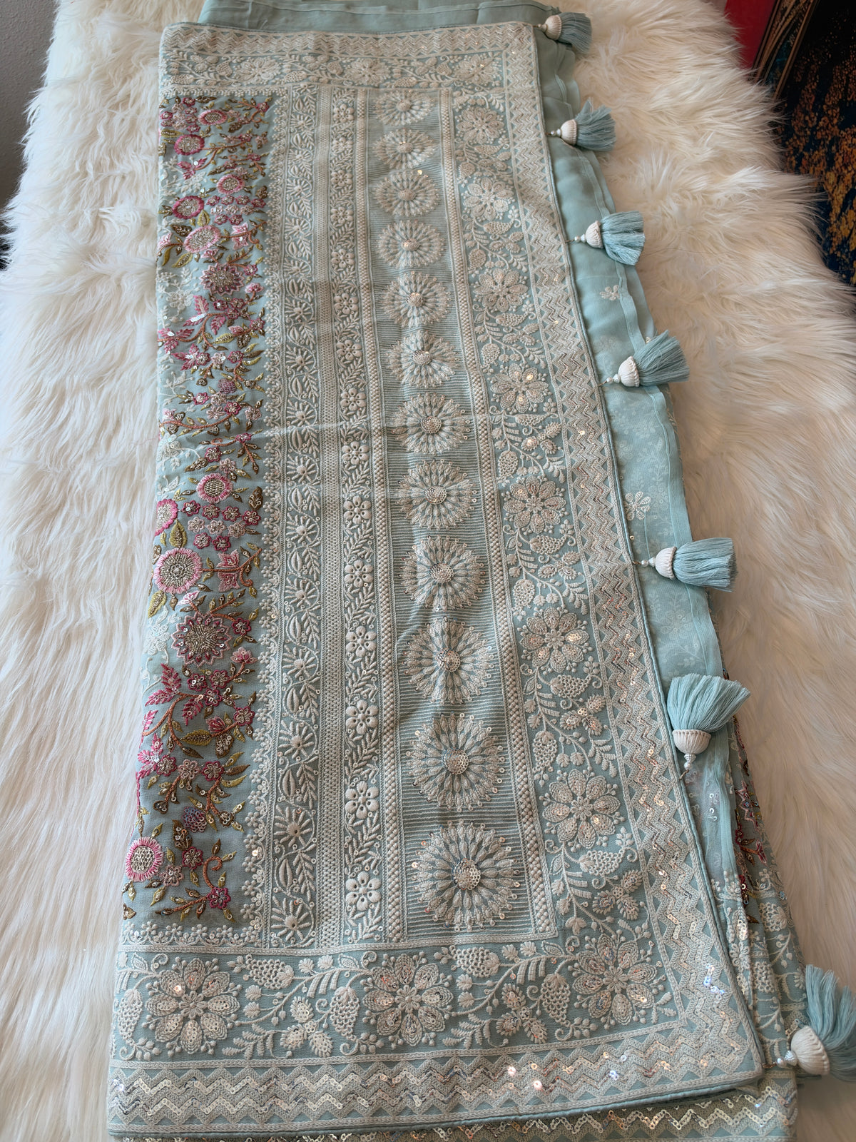 Handcrafted Chikankari Premium Georgette Saree with Multicolored Floral Embroidery & Pallu Tassels