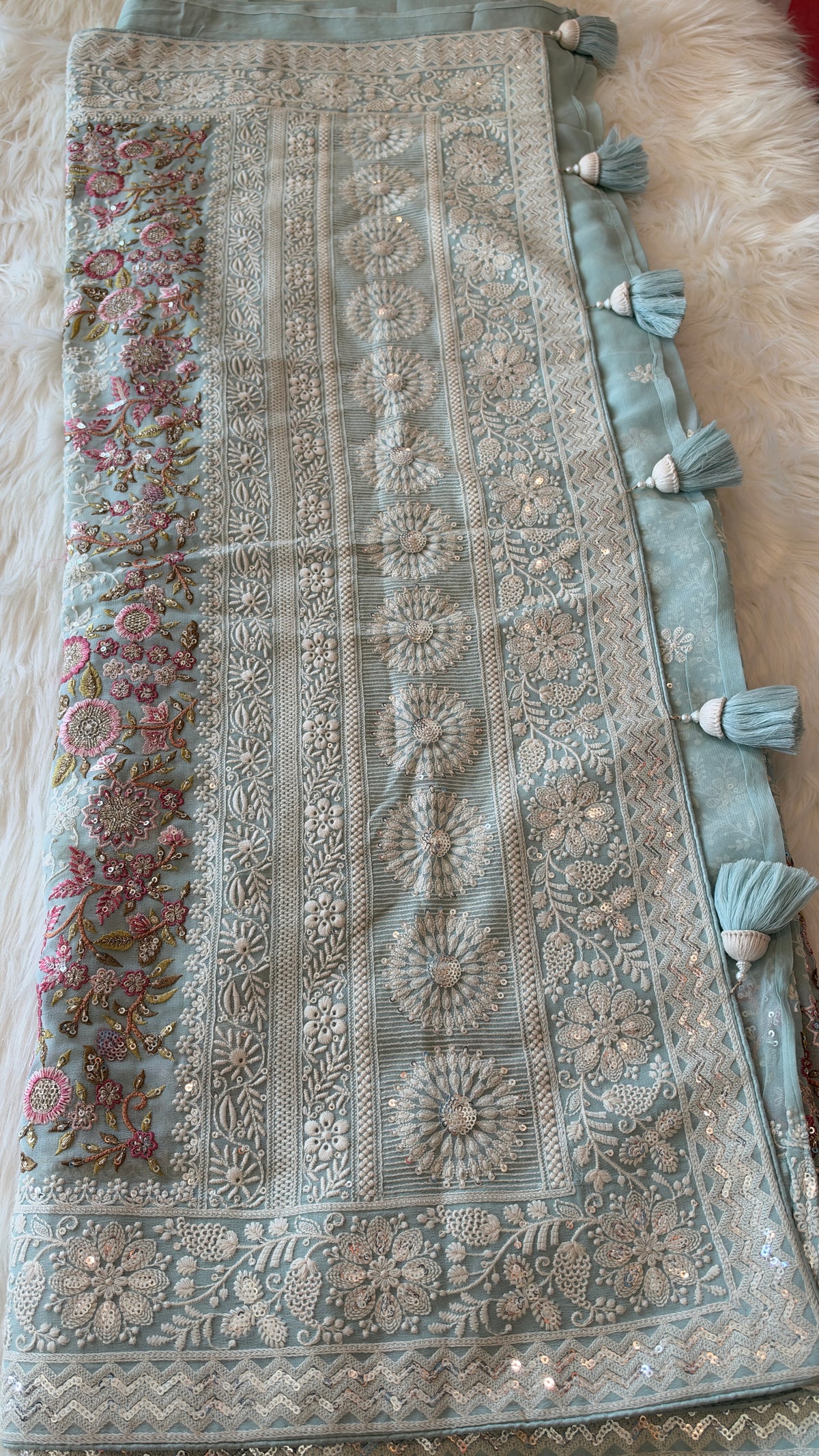 Handcrafted Chikankari Premium Georgette Saree with Multicolored Floral Embroidery & Pallu Tassels