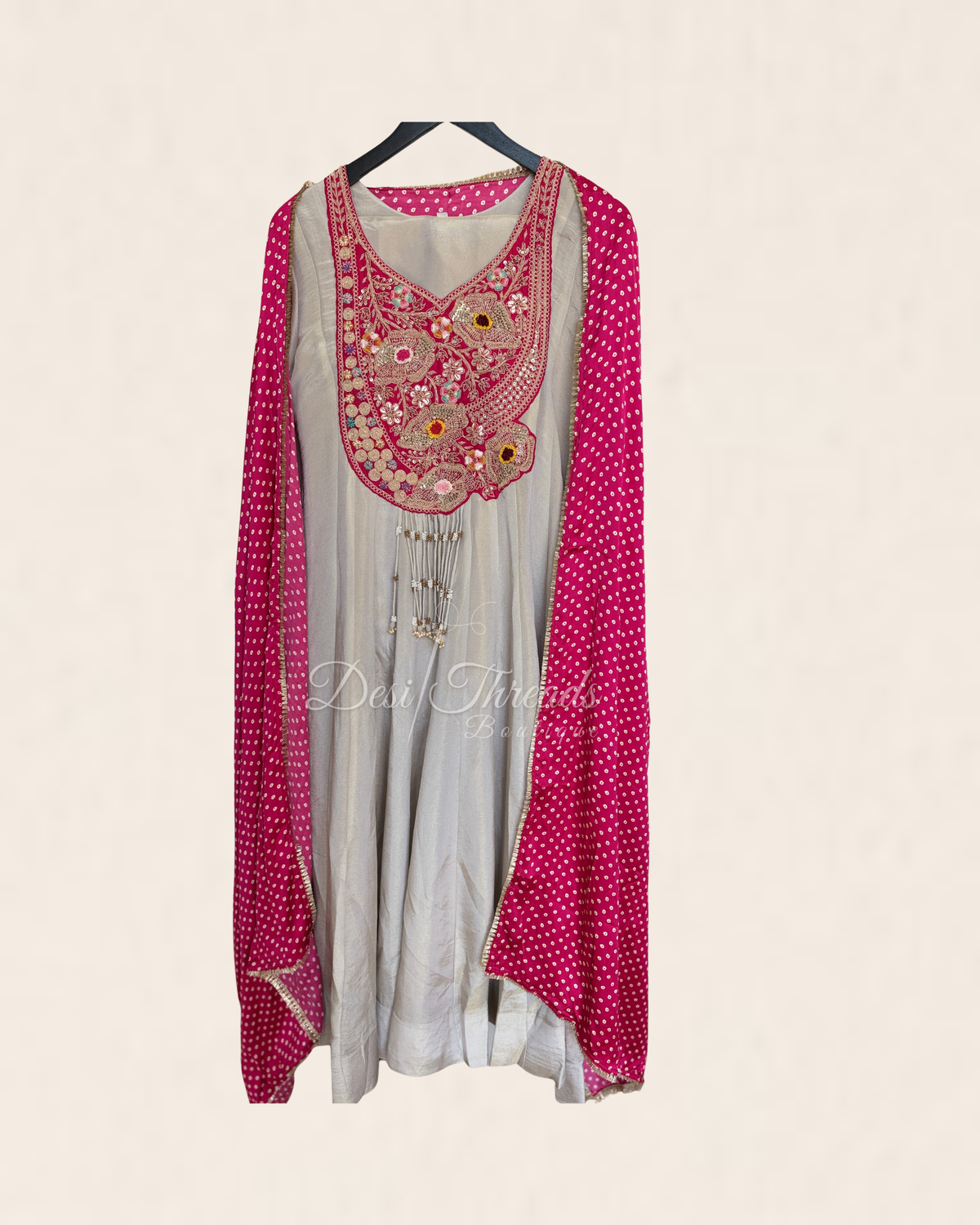 Fawn Grey Embroidered Anarkali Suit Set with Rani Pink Bandhani Dupatta