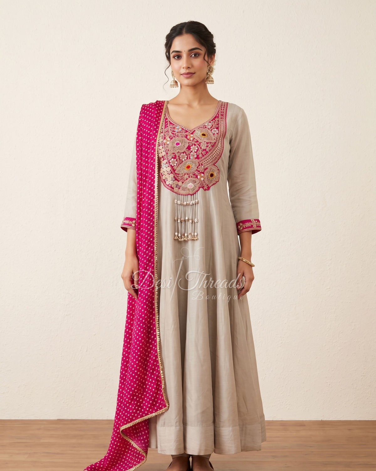 Fawn Grey Embroidered Anarkali Suit Set with Rani Pink Bandhani Dupatta
