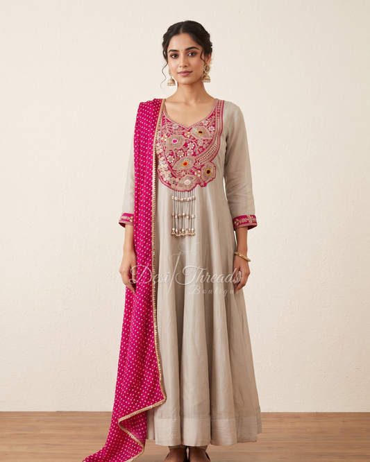 Fawn Grey Embroidered Anarkali Suit Set with Rani Pink Bandhani Dupatta