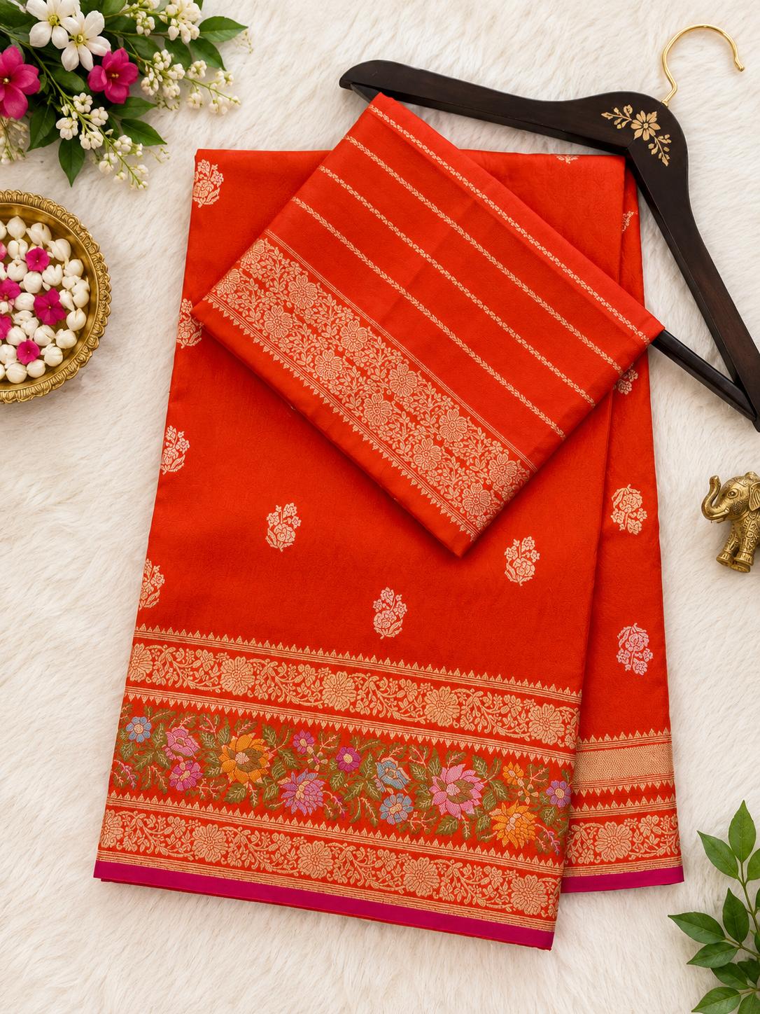Orange Banarasi Silk Saree with Zari Buttis and Meenakari Floral Border