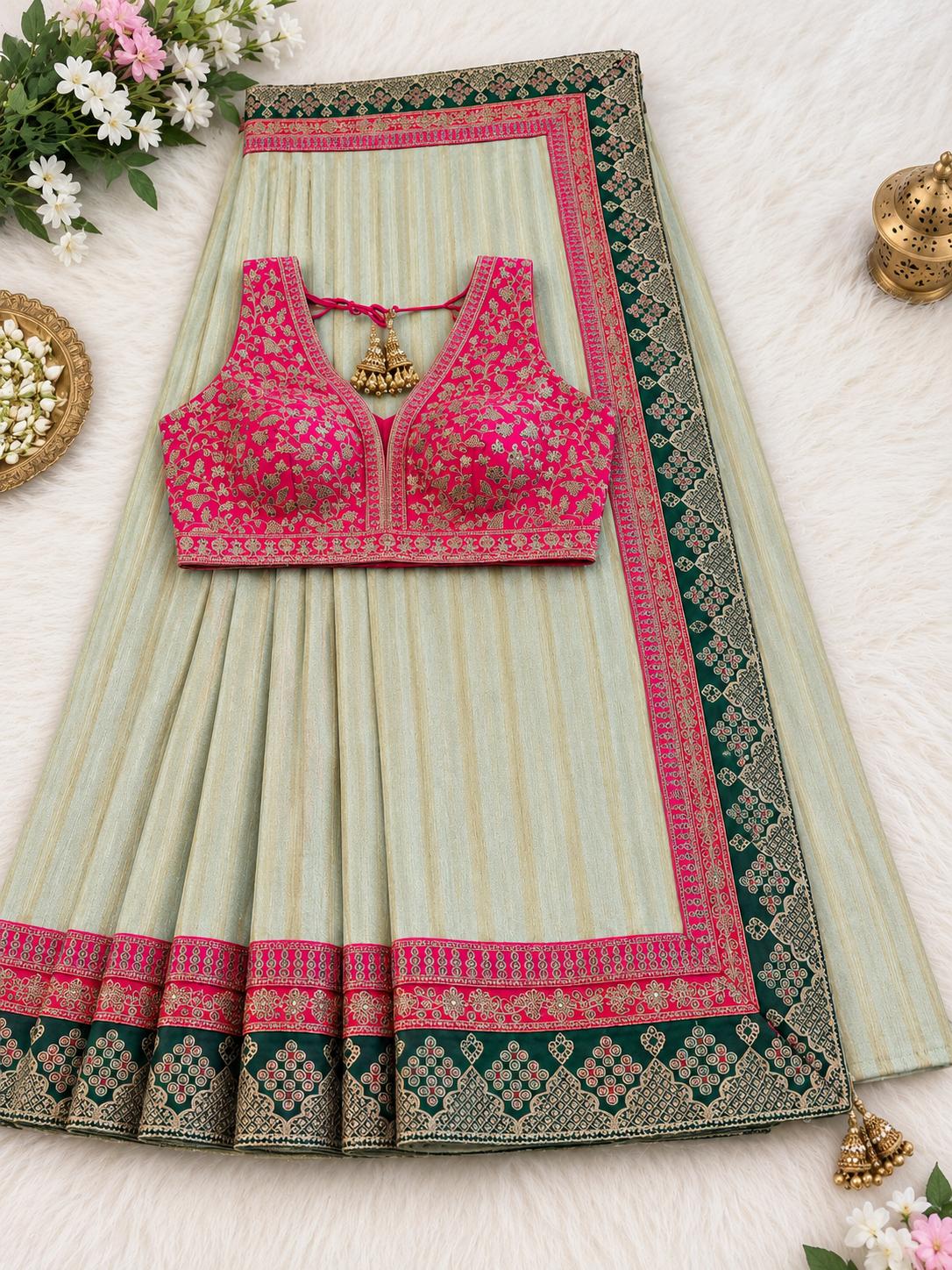 Sage Striped Designer Saree with Embroidered Border & Pink Ready Blouse