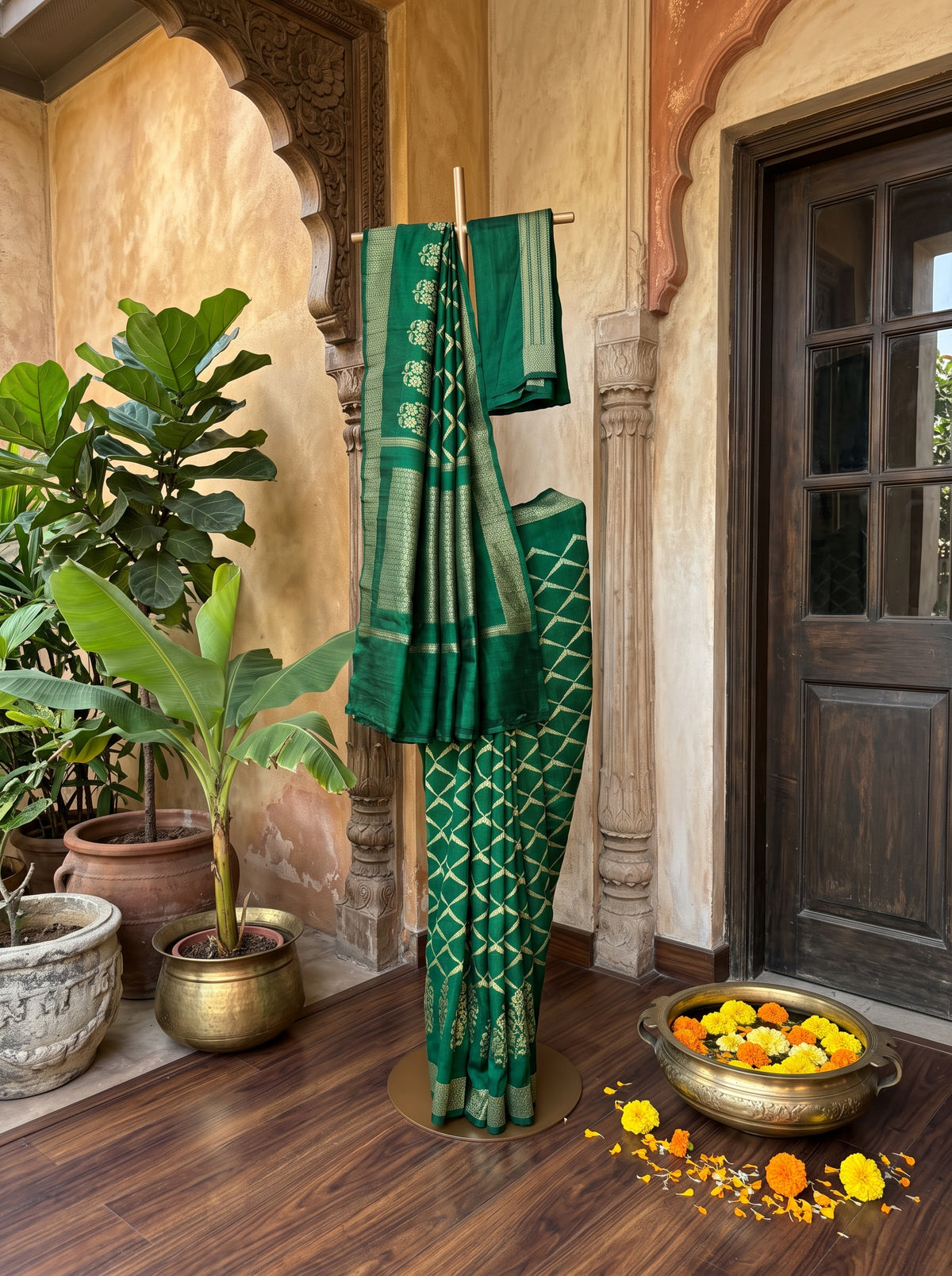 Green Pure Raw Silk Saree with Zari Lattice and Buta Border