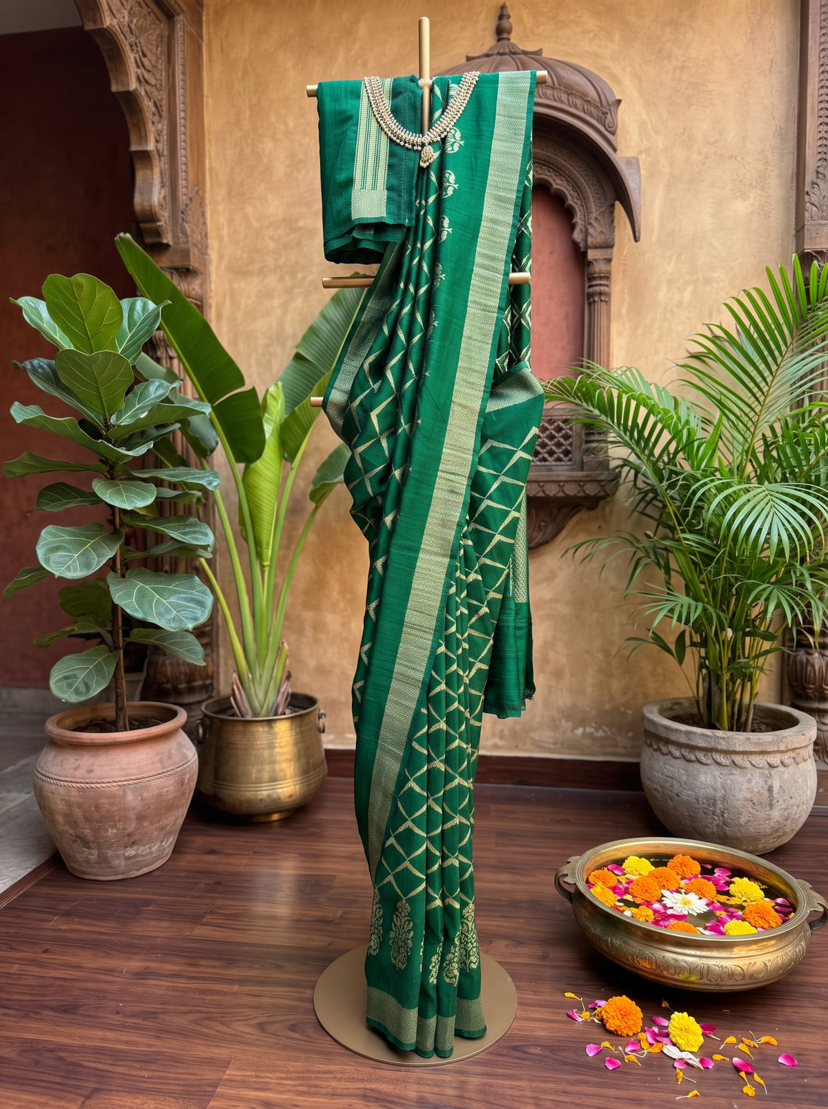 Green Pure Raw Silk Saree with Zari Lattice and Buta Border