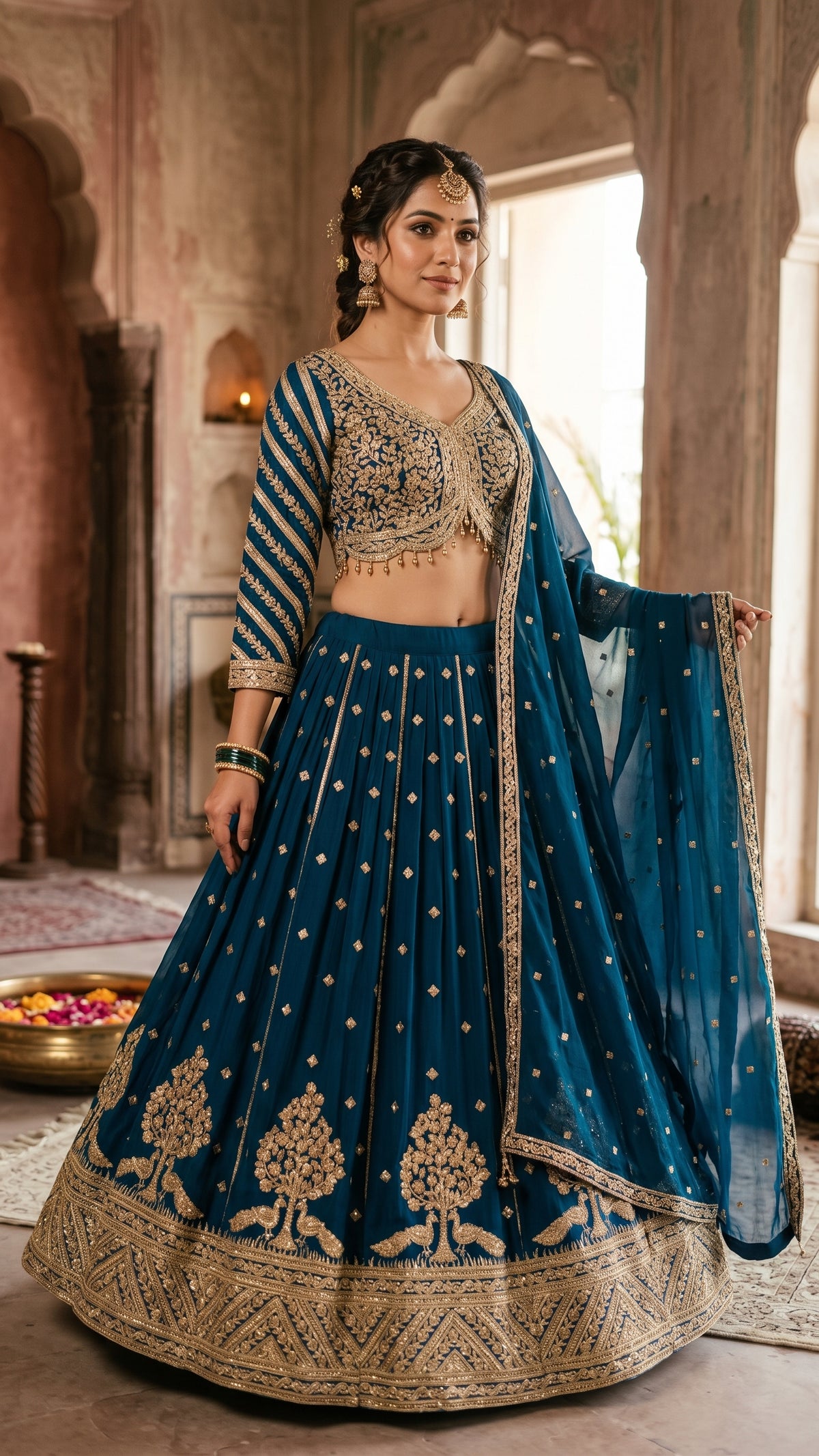 Peacock Blue Embroidered Lehenga with Tree of Life and Peacock Motifs